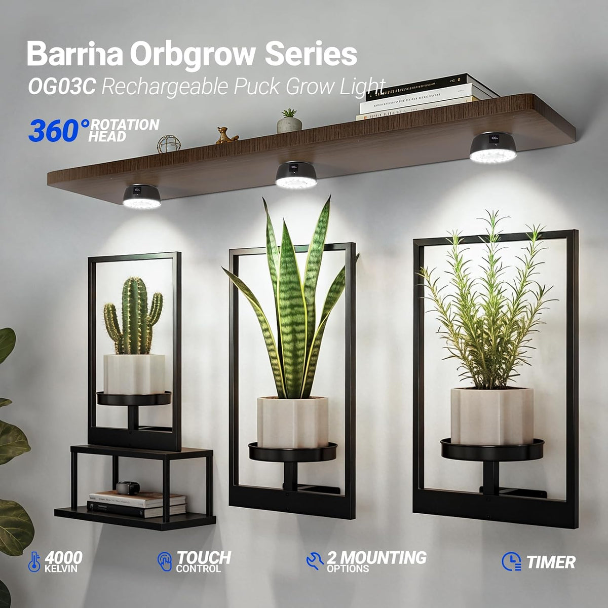 Barrina Orbgrow OG03C Rechargeable Puck Grow Light, 5000K, 2 Packs, Black | Cordless Full Spectrum Plant Light for