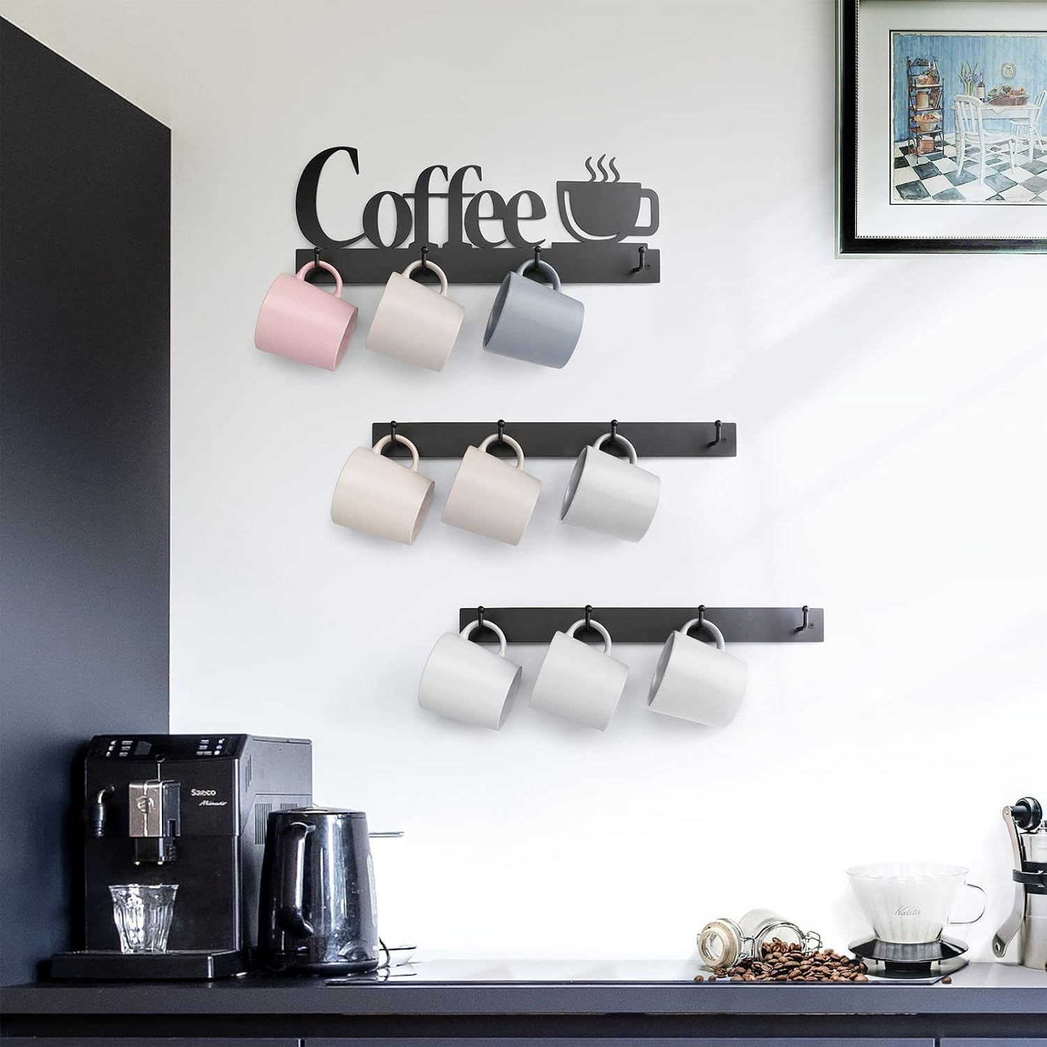 HULISEN Coffee Mug Wall Rack, Coffee Cup Holder Wall Mounted with 12 Hooks | Metal Coffee Sign, Space-Saving Cup