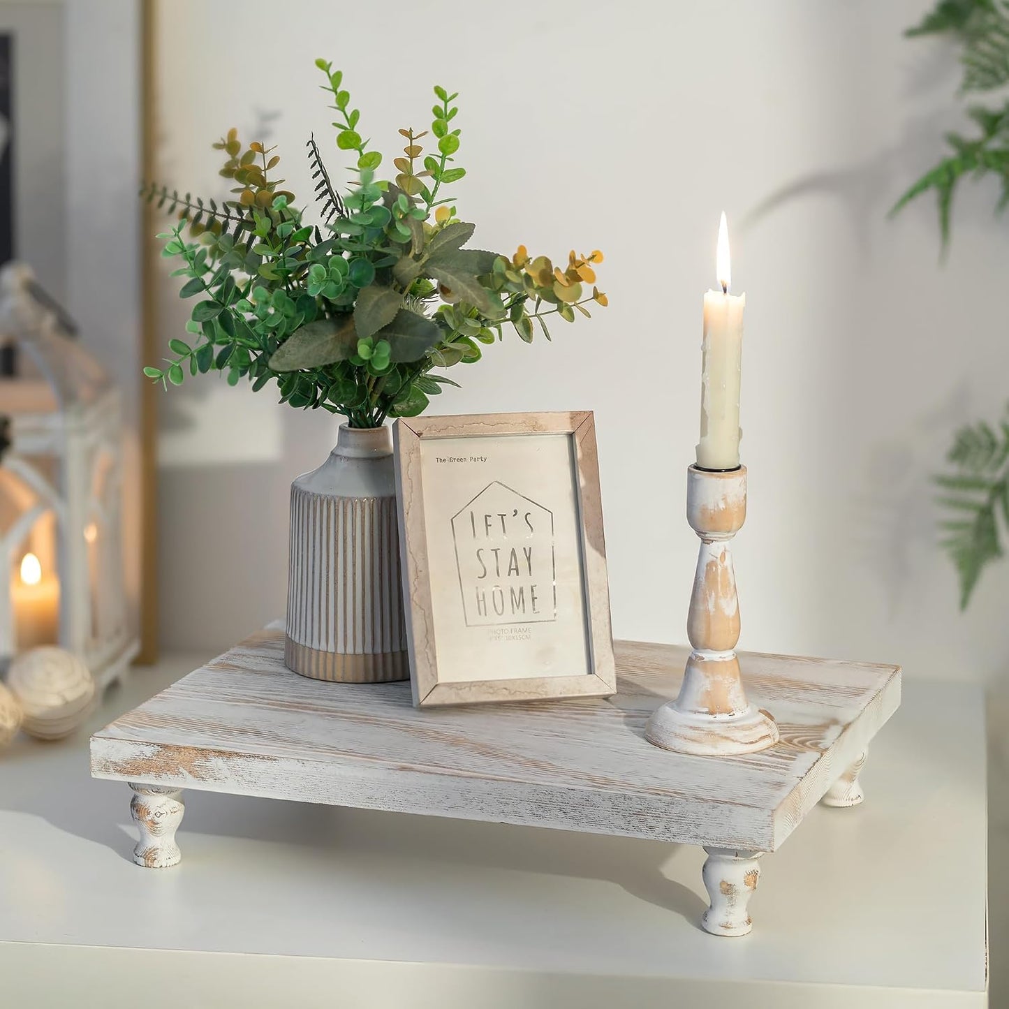Wooden Riser Decorative Tray / Whitewash