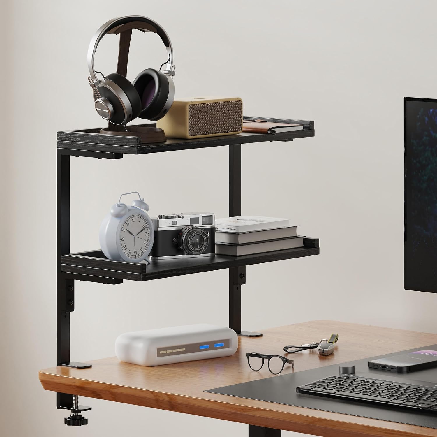Clamp On Desk Shelf 2-Tier, 16.5 in Wood Shelving Unit for Office Desk/Gaming Accessories, Tabletop Book Storage Rack