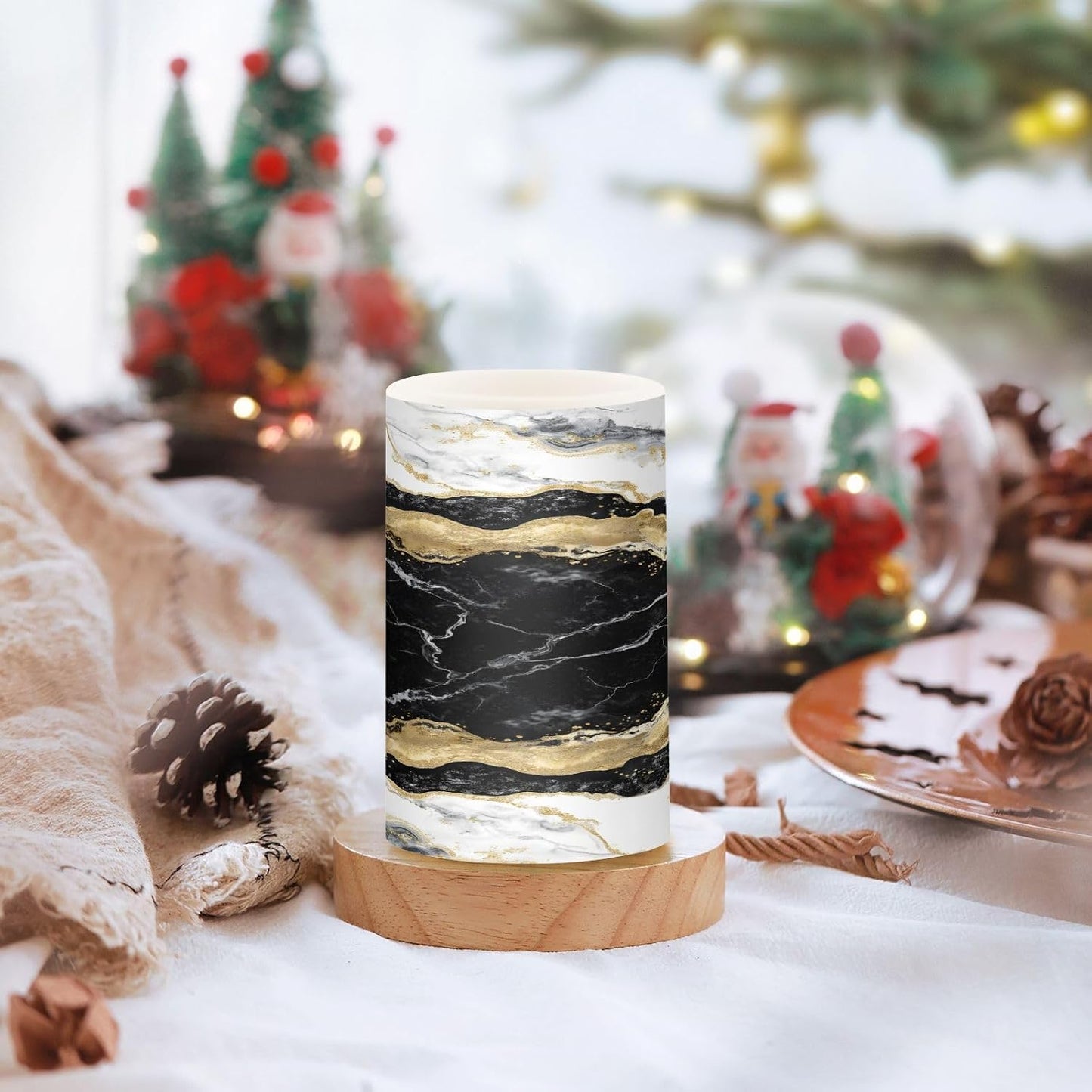 Flickering Flameless Candles, Black White Marble Gold Veins LED Candles with Remote Timer, Set of 2 Battery Operated