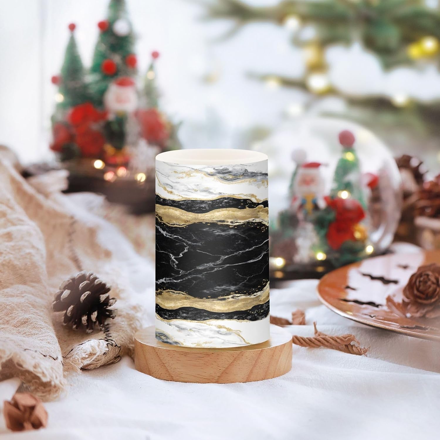 Flickering Flameless Candles, Black White Marble Gold Veins LED Candles with Remote Timer, Set of 2 Battery Operated
