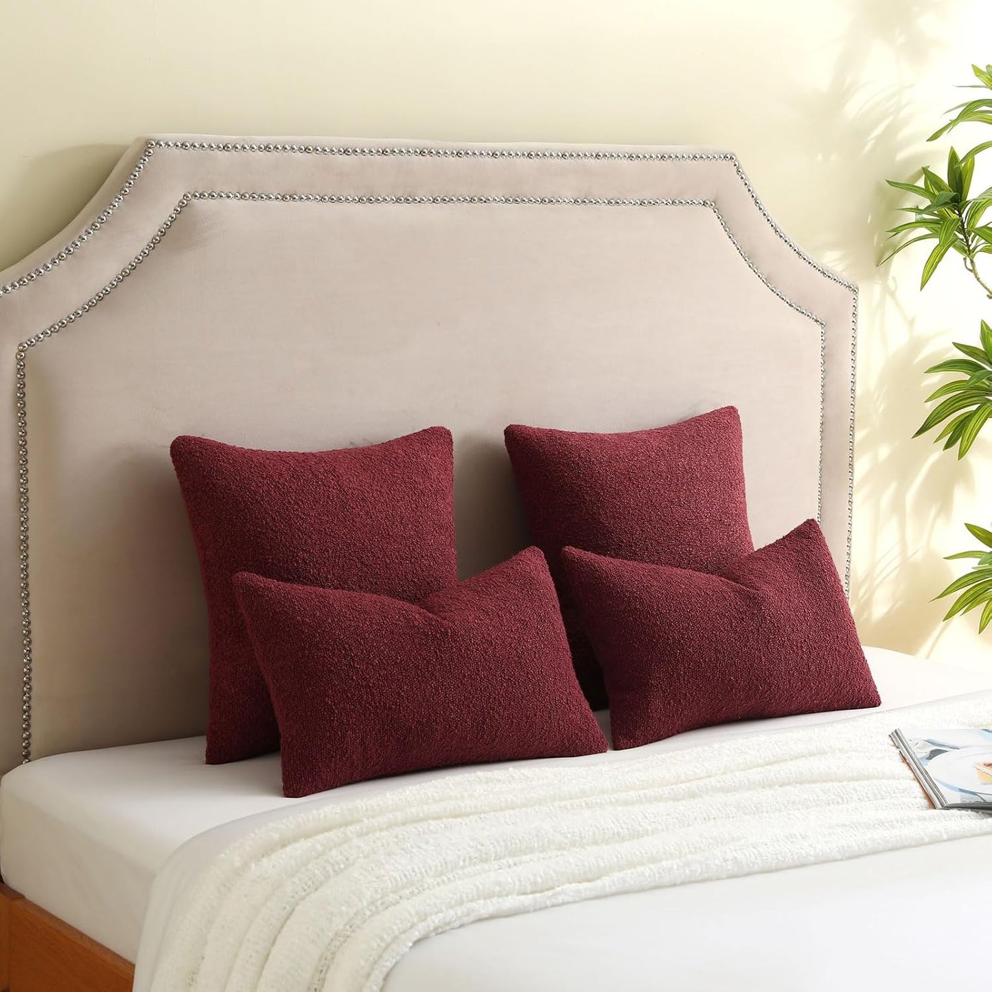 Decorative Throw Pillow Covers Soft Solid Boucle Textured Cushion / Burgundy / 18 x 18 / Set of 2