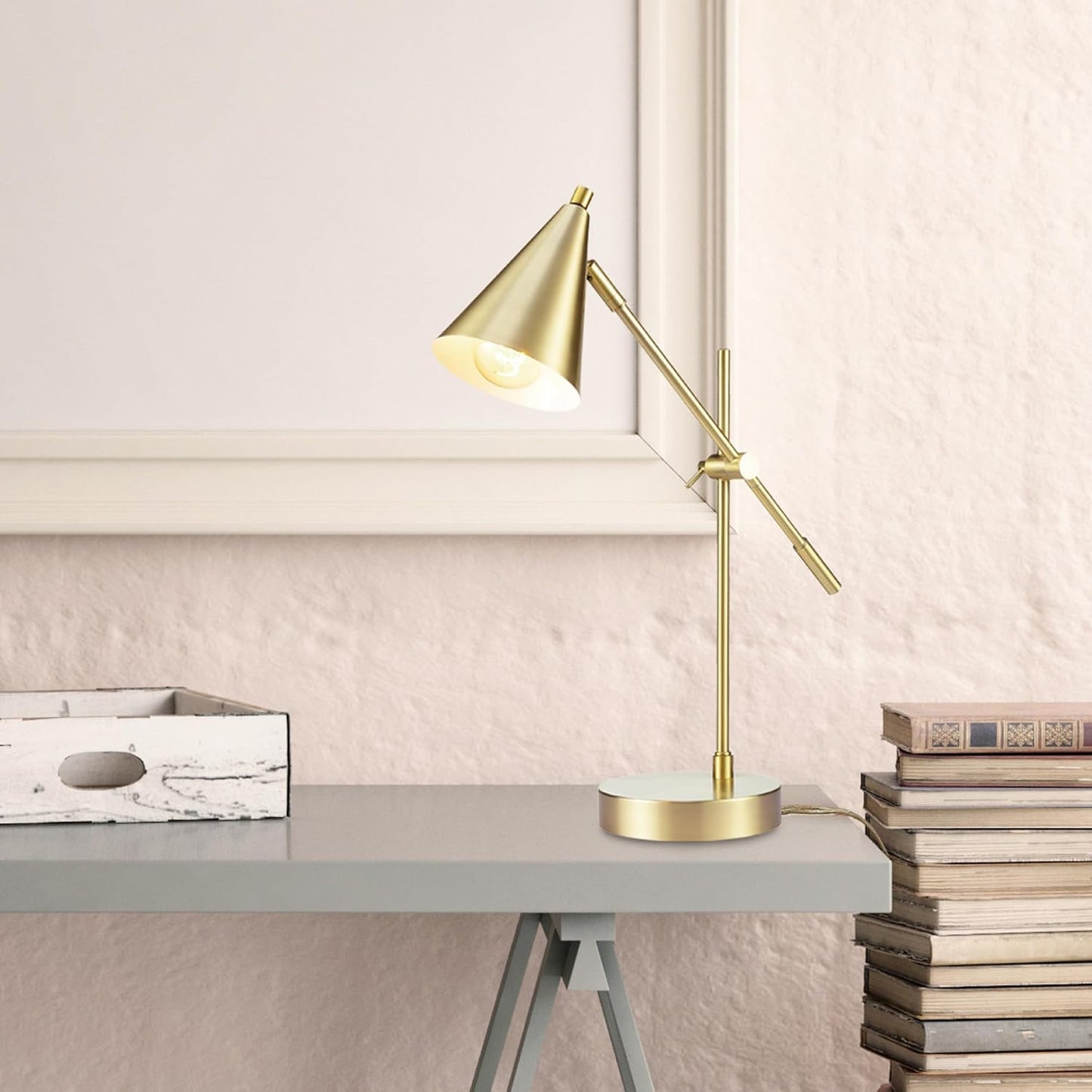 Globe Electric x Novogratz 52887 18" Desk Lamp, Matte Brass Finish, Adjustable Height, Balance Arm, Rotary Switch on