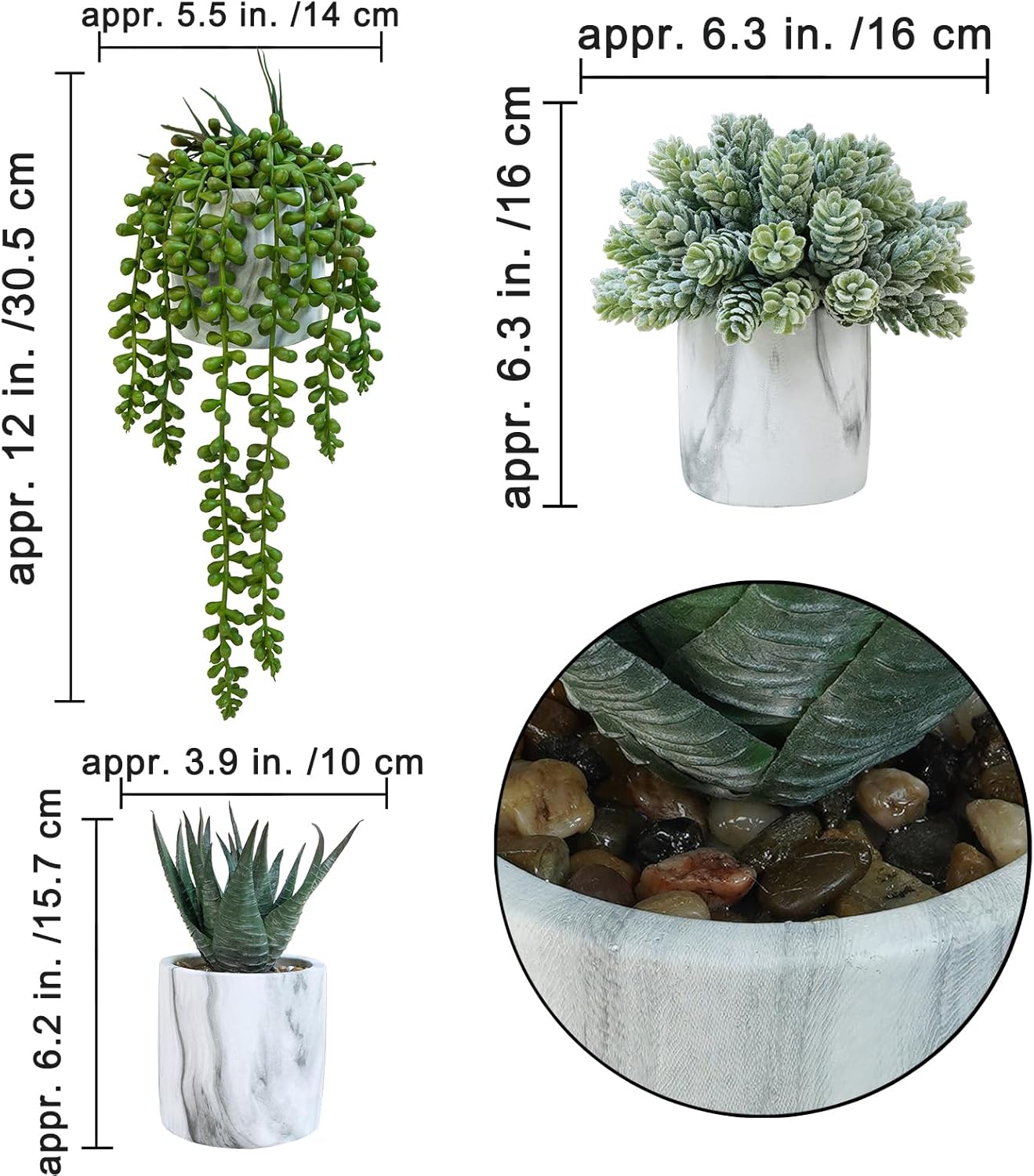 Small Artificial Succulent Potted Plants Fake Aloe Hops String of Pearls in Modern Marble / Set of 3