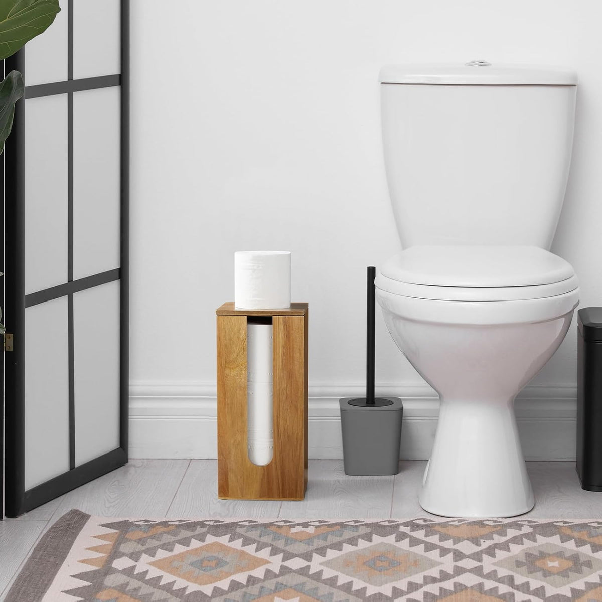 OUTNILI Freestanding Toilet Paper Holder Stand with Lid, Acacia Wood Bathroom Storage Organizer, Rustic Farmhouse