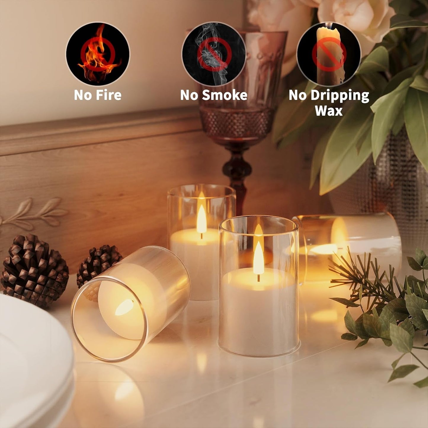 VIODAIM 6Pack Flickering Flameless LED Candles with Remote & Timer, Battery Powered - Small Pillar & Votive, Clear