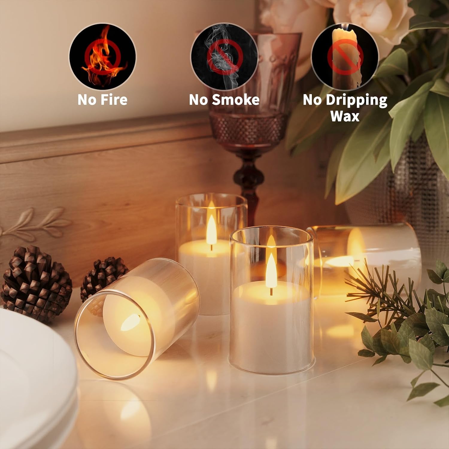 VIODAIM 6Pack Flickering Flameless LED Candles with Remote & Timer, Battery Powered - Small Pillar & Votive, Clear