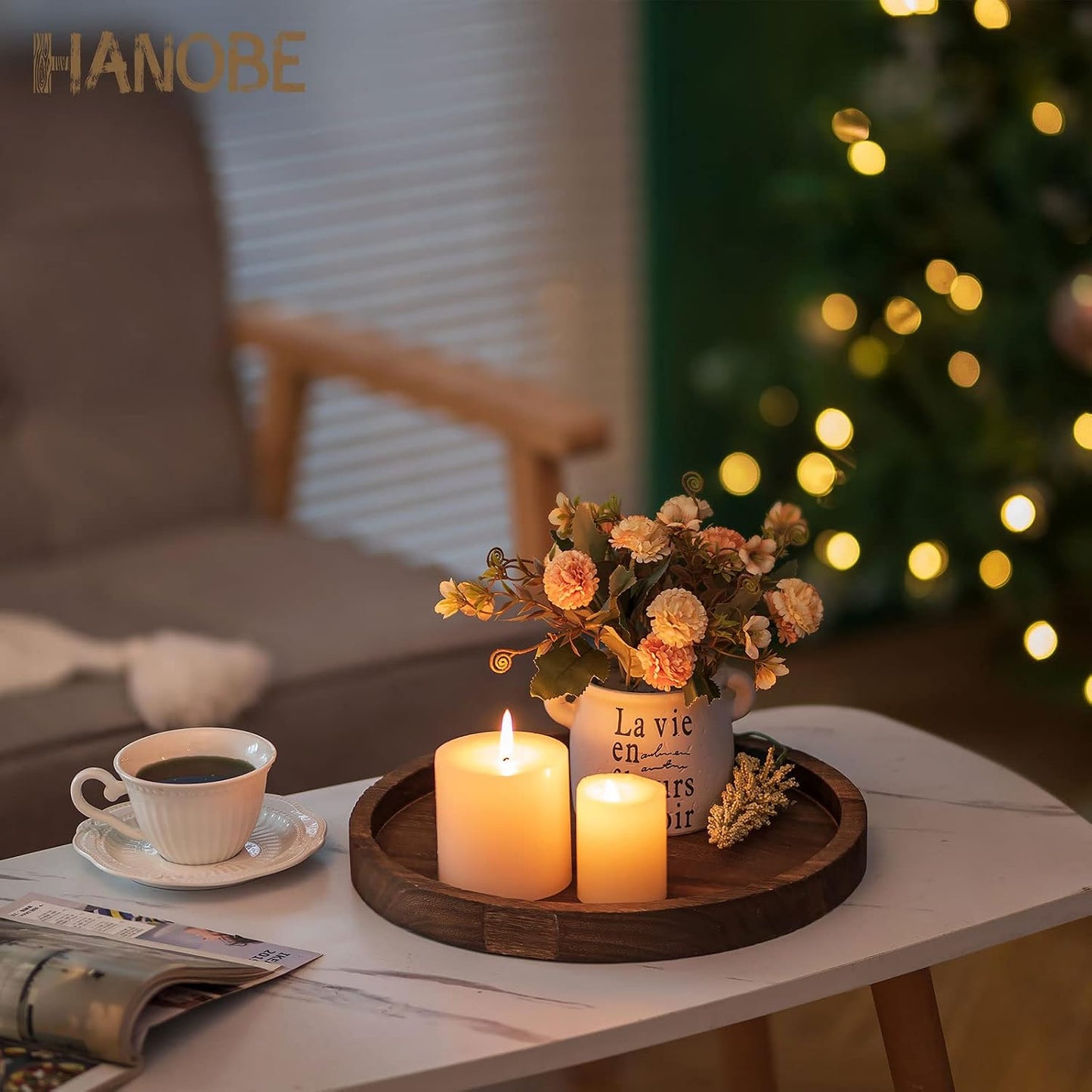 Round Wooden Candle Trays / Brown-1pc