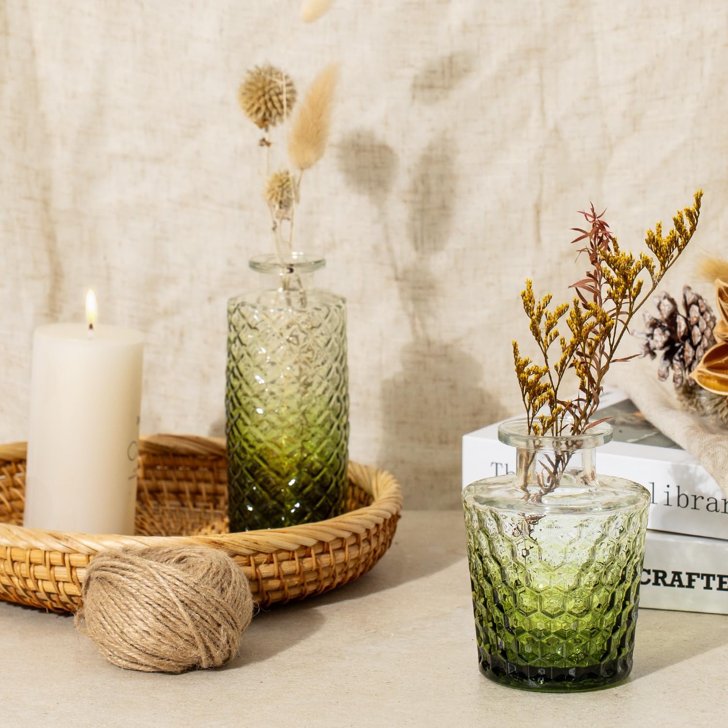 Clear Glass Bud Vase Pcs / Gradient Green / Set of 14