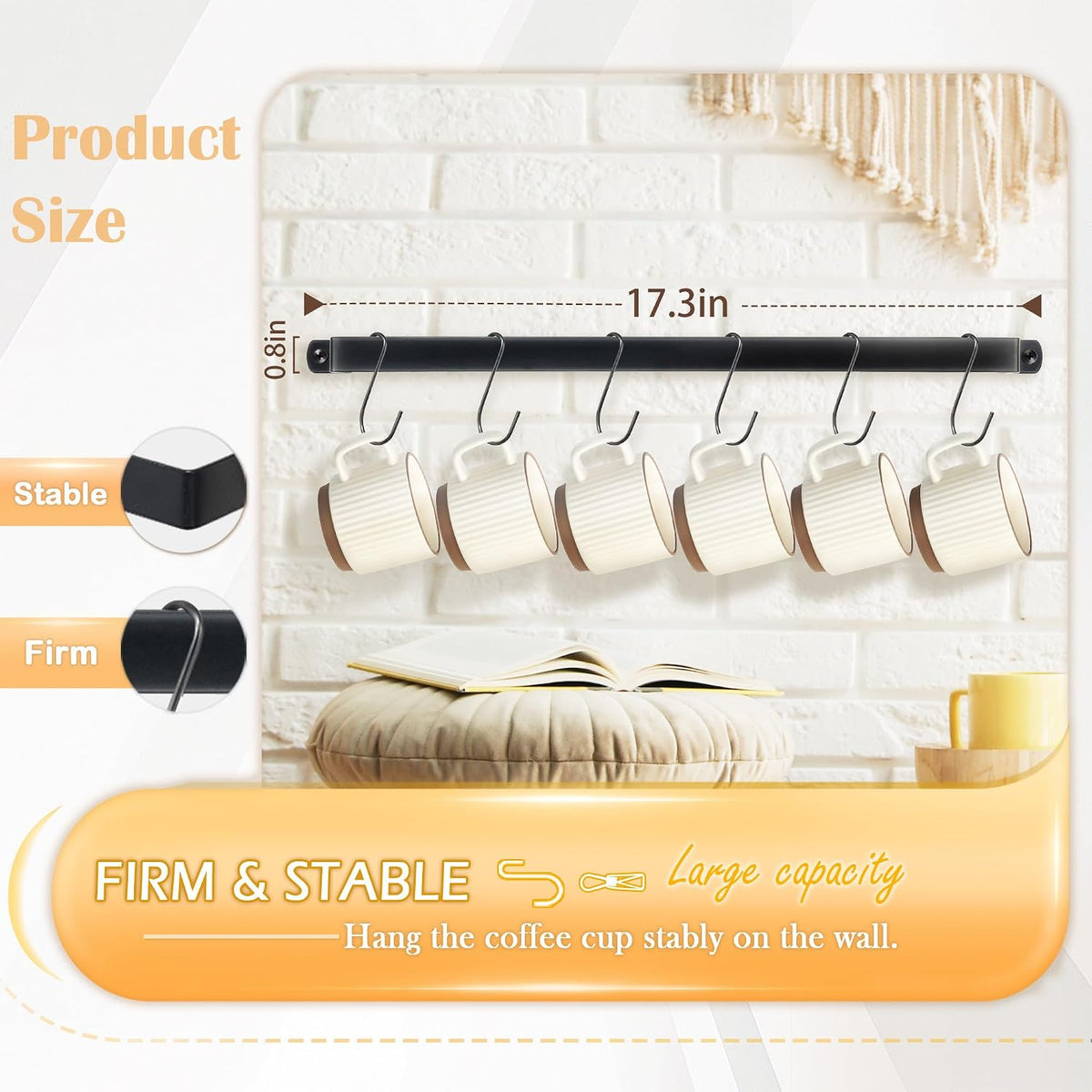 17 inch Coffee Mug Rack - 2 Pack wall mounted cup rack for Cafe Bar Decor | 12 Tea Cup Display, 5-Min Setup, Complete
