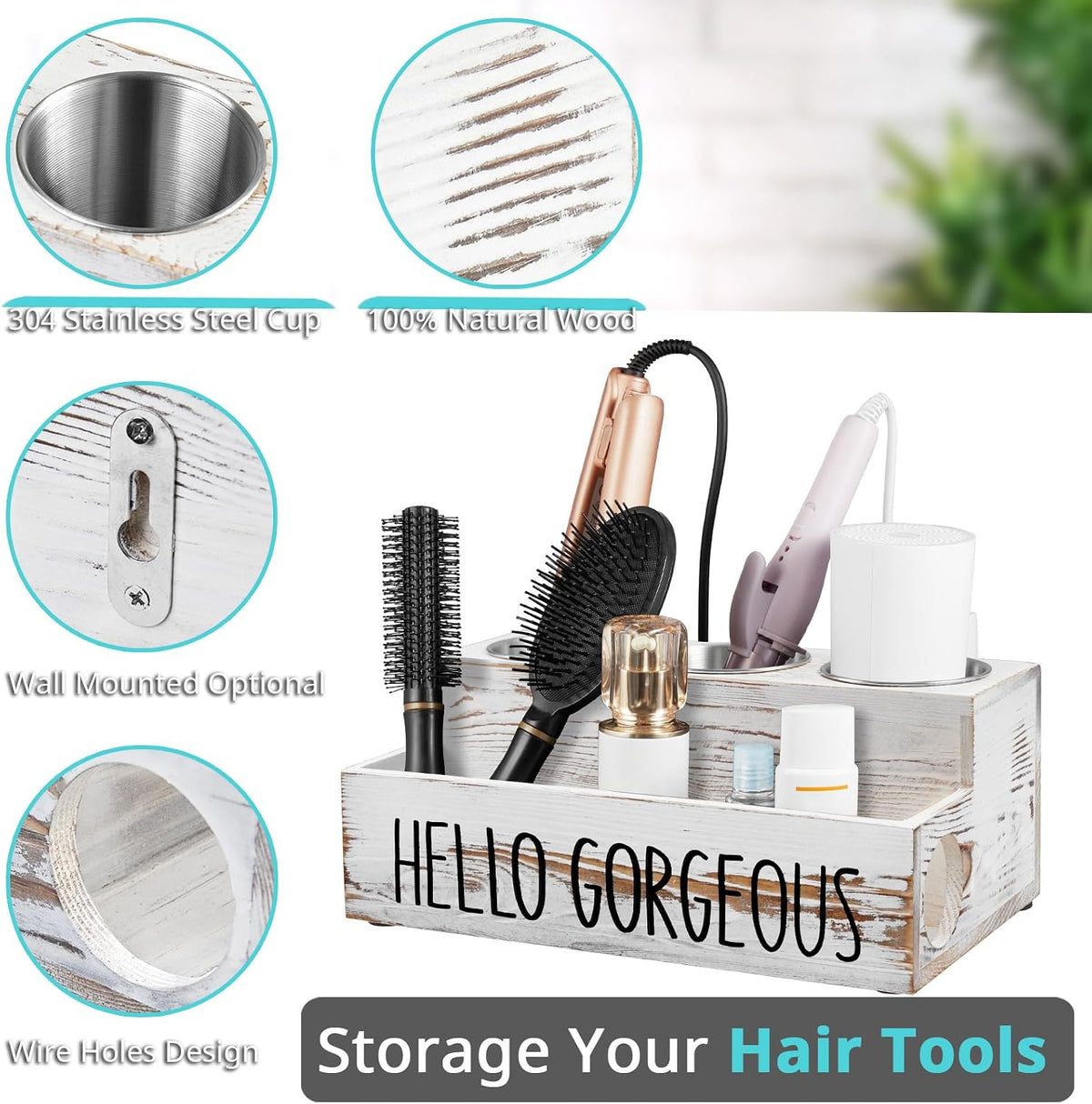 Bivvclaz Hair Tool Organizer, Rustic White Wood Hair Dryer Holder Countertop, Wall Mount Hot Tools Organizer for Hair
