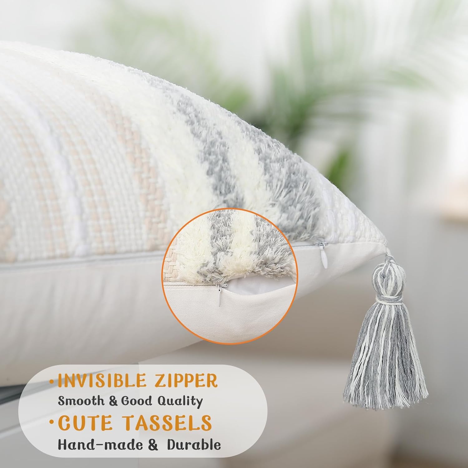 Summer Decorative Boho Throw Pillow Covers / 18 x 18 / Light Grey and Cream White / Set of 2