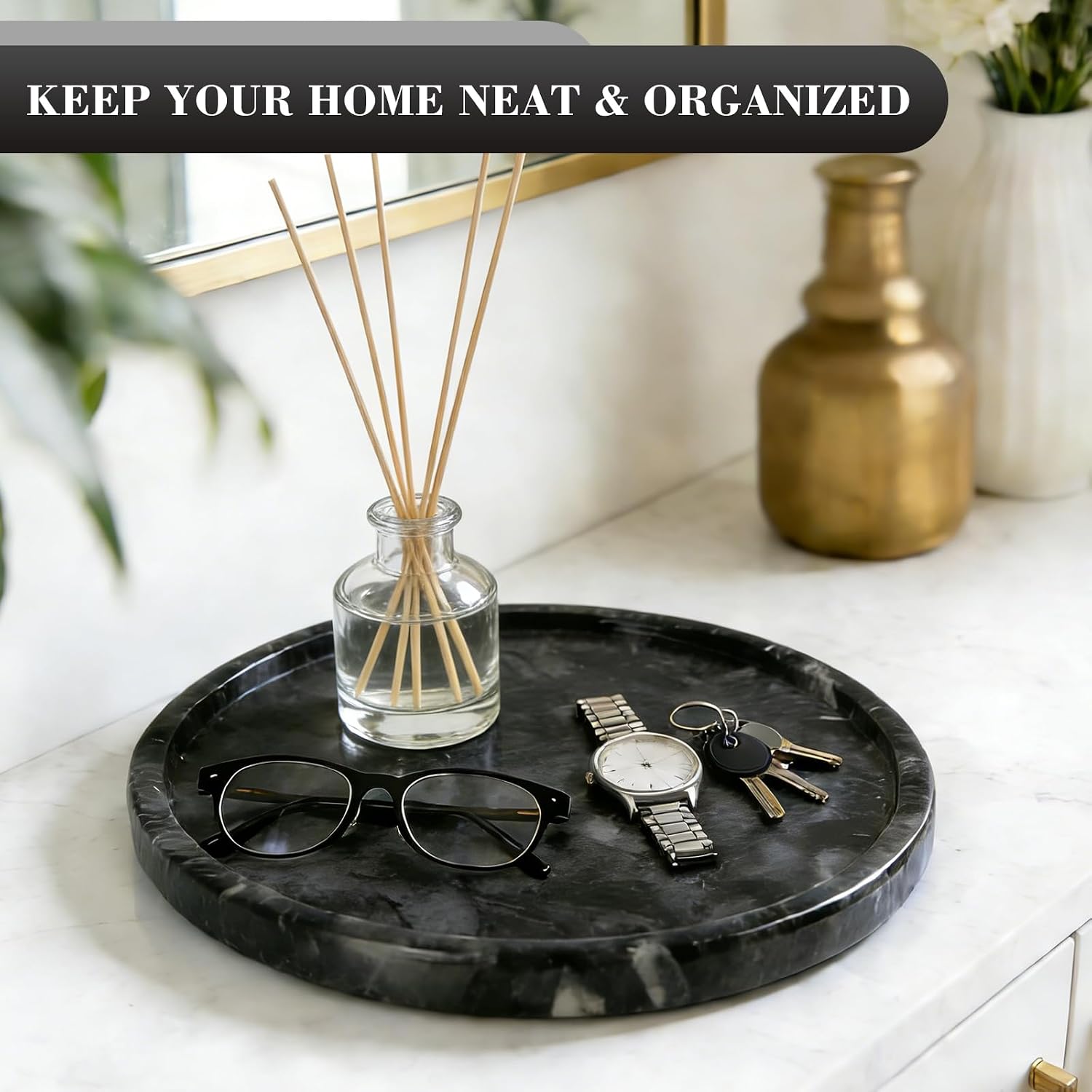 Natural Round Marble Tray / Black