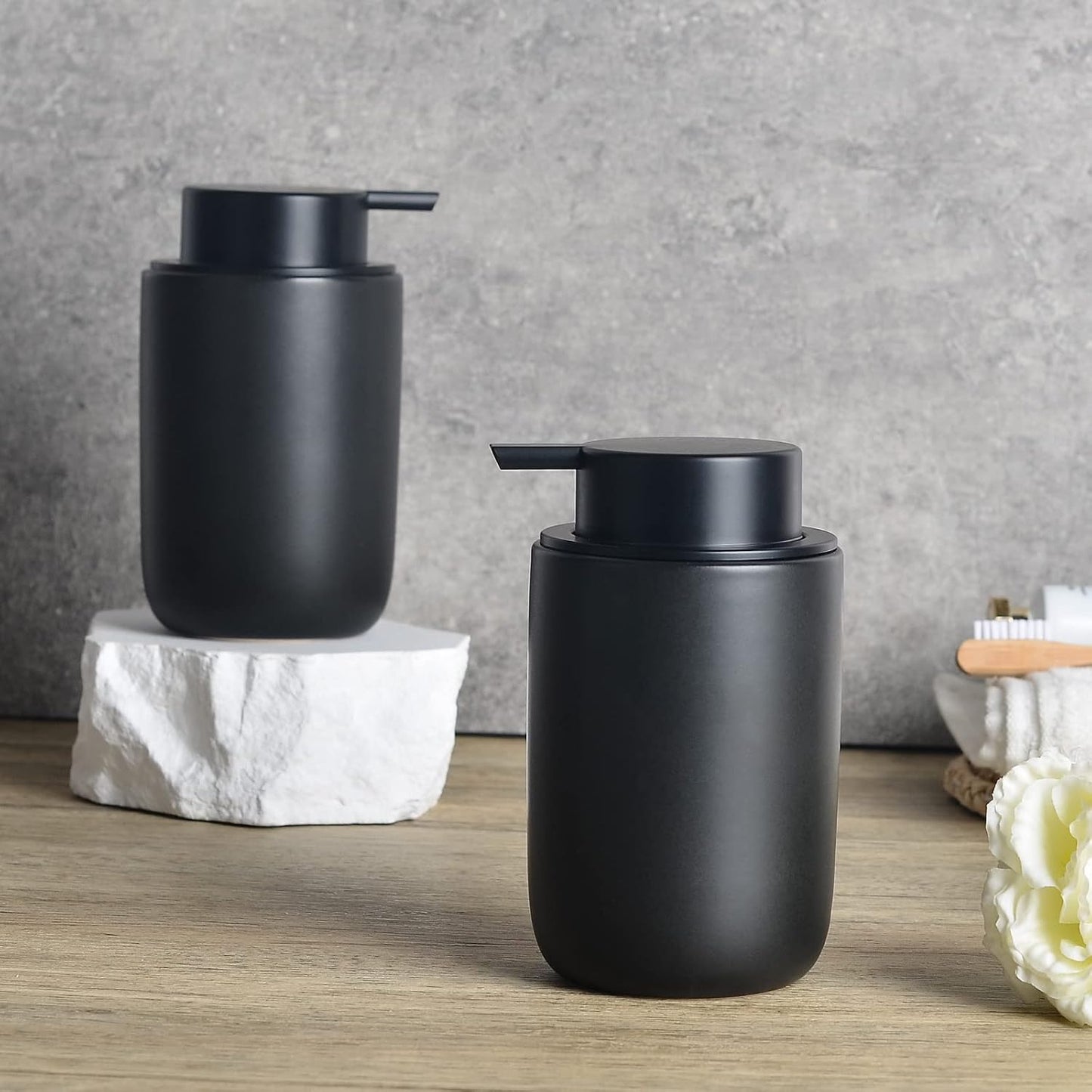 BosilunLife Black Soap Dispenser Set - 2 Pack 12oz Ceramic Soap Dispenser | with Rust Proof Pump for Kitchen, Hand Soap