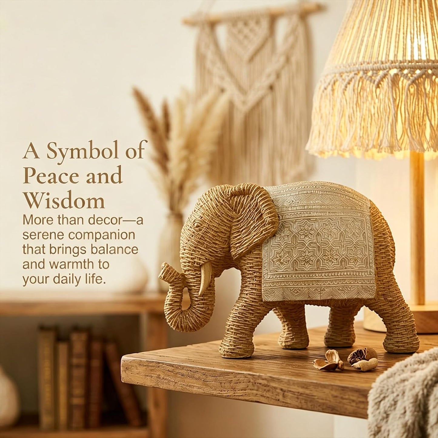 Elephant Statue Boho Home Decor Woven Detail Accent / Woven Gold