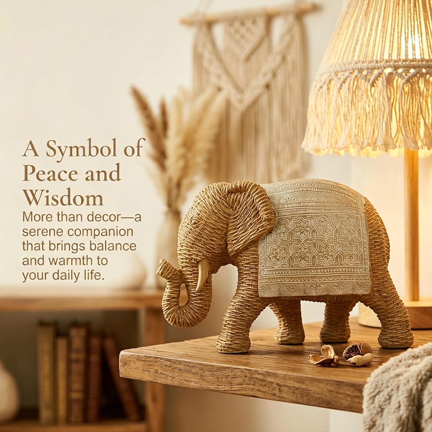 Elephant Statue Boho Home Decor Woven Detail Accent / Woven Gold