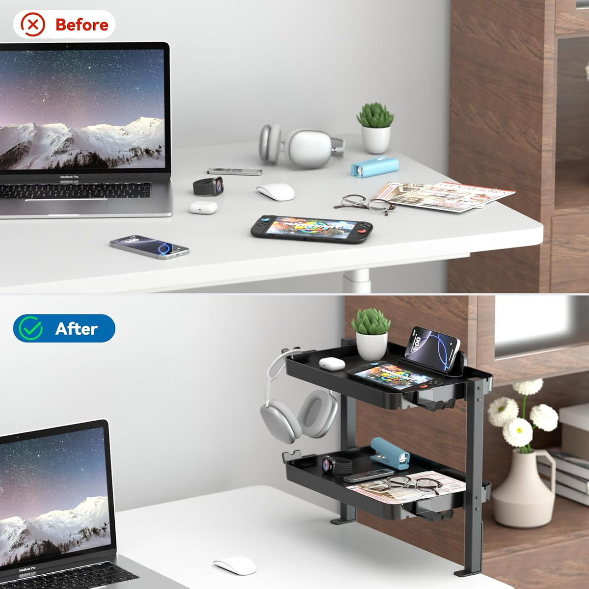 KDD Clamp On Desk Organizer - Adjustable 2-Tier Above or Under Desk Shelves with Large Capacity Tray, Phone & Tablet