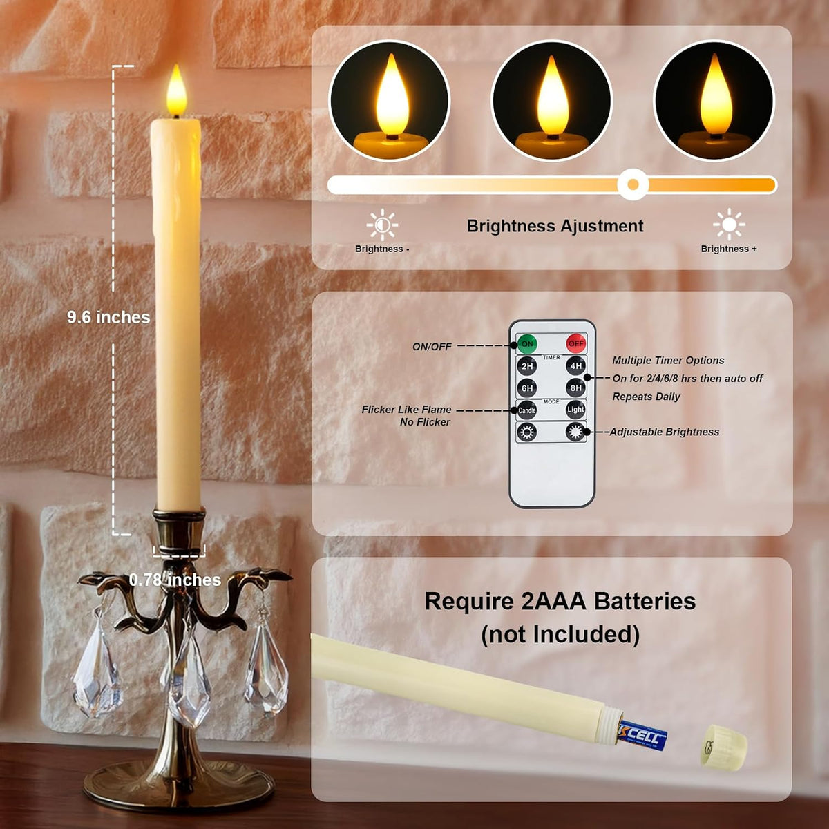Homemory 24 Pcs Real Wax Flameless Taper Candles with Remote Timer and Dimmer, Battery Operated Candlesticks with