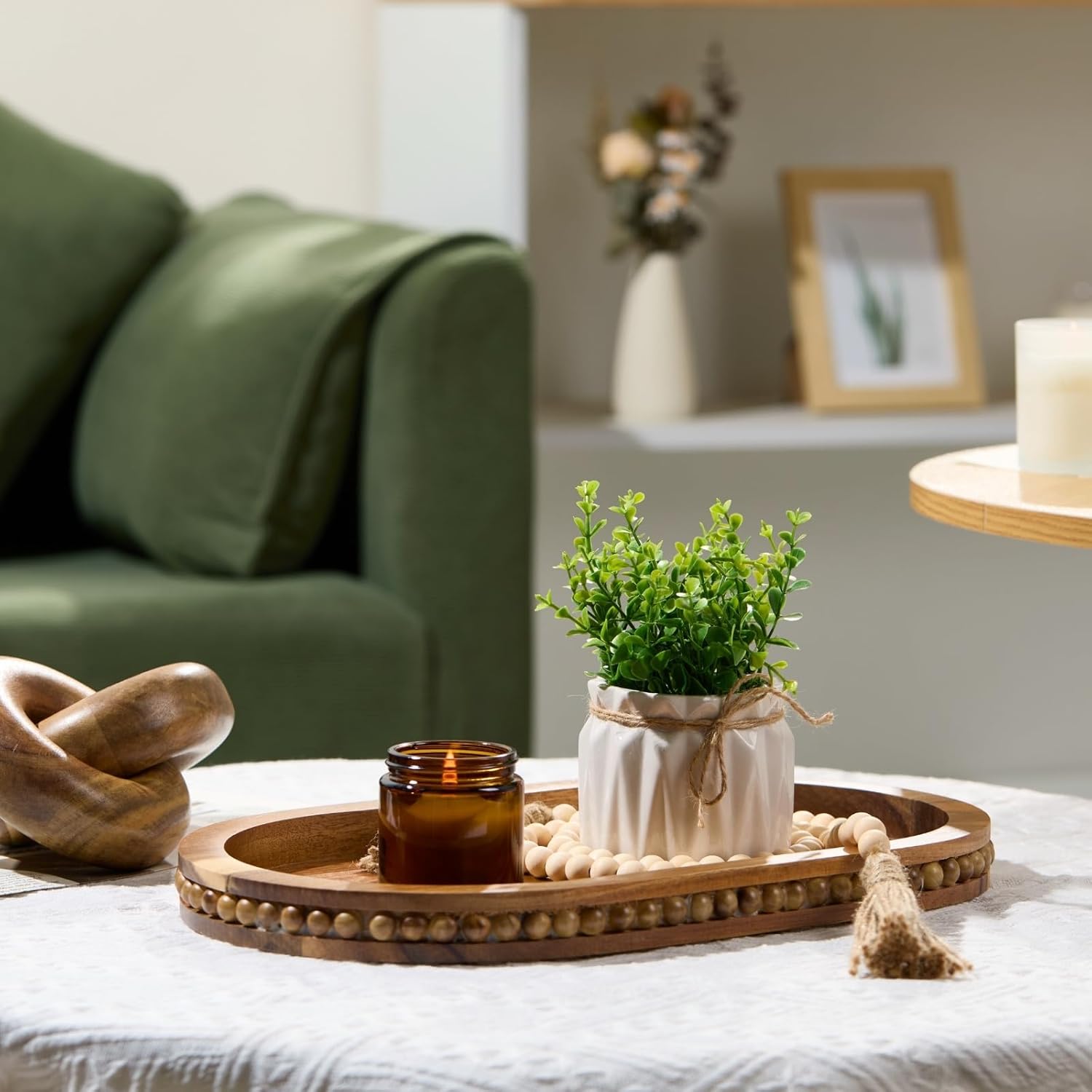 Bead Oval Wooden Serving Tray for Farmhouse Home Decor / Acacia Wood