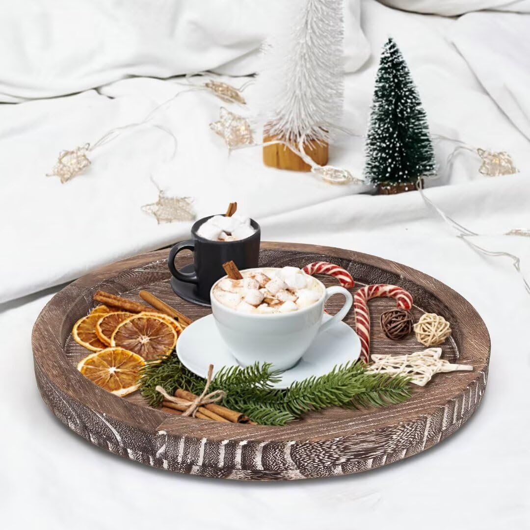 Round Decorative Wooden Serving Trays for Ottoman Coffee Table Tray / Washedwhite / Set of 12