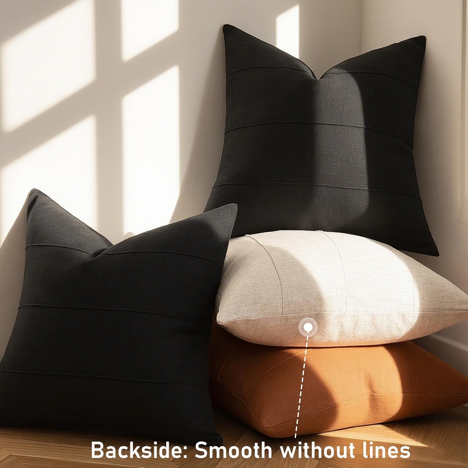 Decorative Linen Throw Pillow Covers Solid Handcrafted Striped Cushion / Black / 18 x 18 / Set of 2