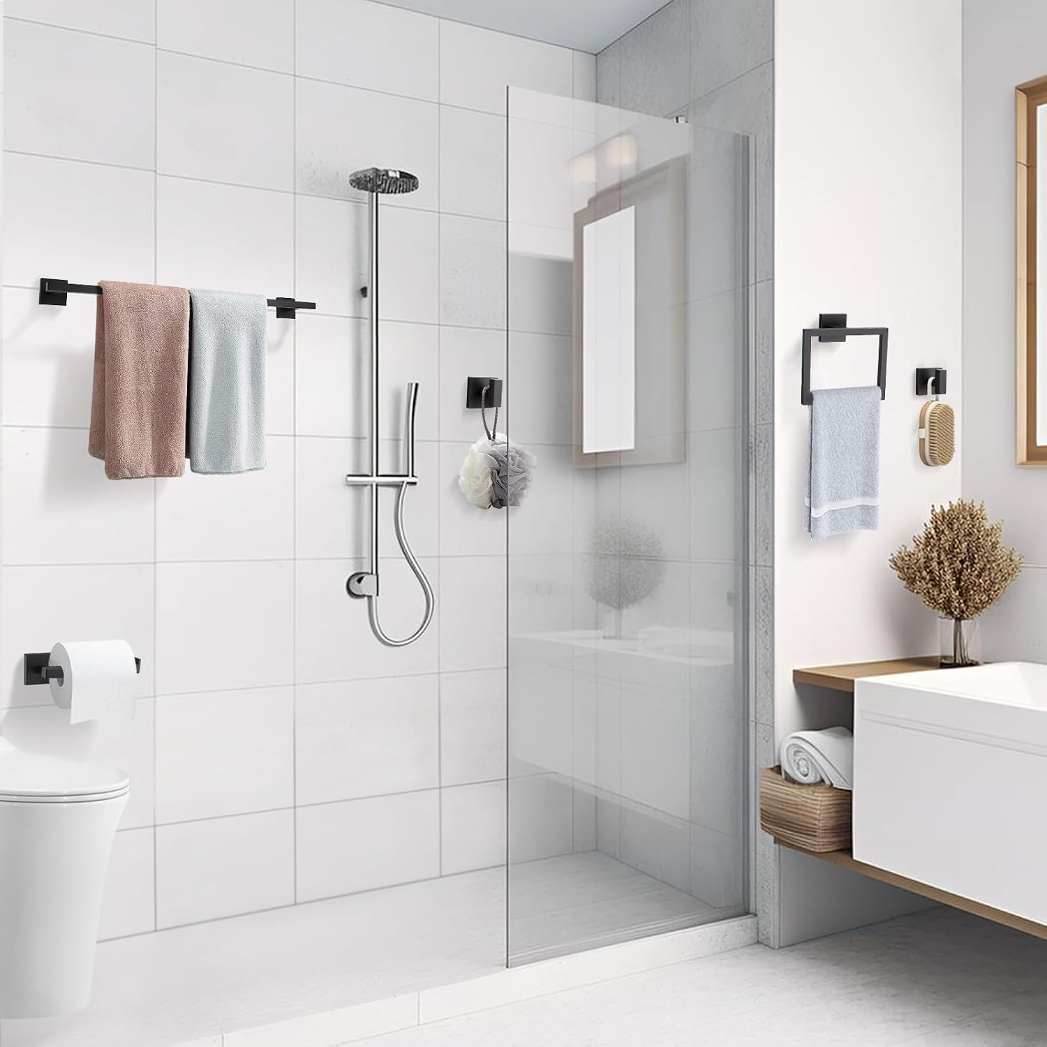 TQKAG Matte Black Bathroom Hardware Accessories Set 10 Pieces, 23.6" SUS304 Stainless Steel Towel Bar Set Wall Mounted