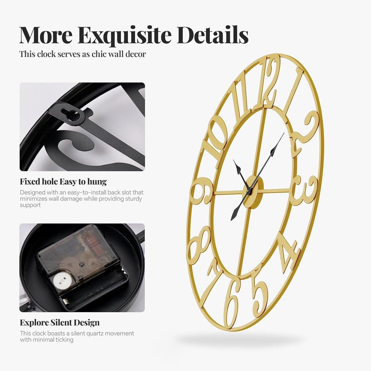 Cuspin Large Wall Clock 30 Inch Gold Decorative Metal Clock for Living Room | Battery operated, Silent non ticking