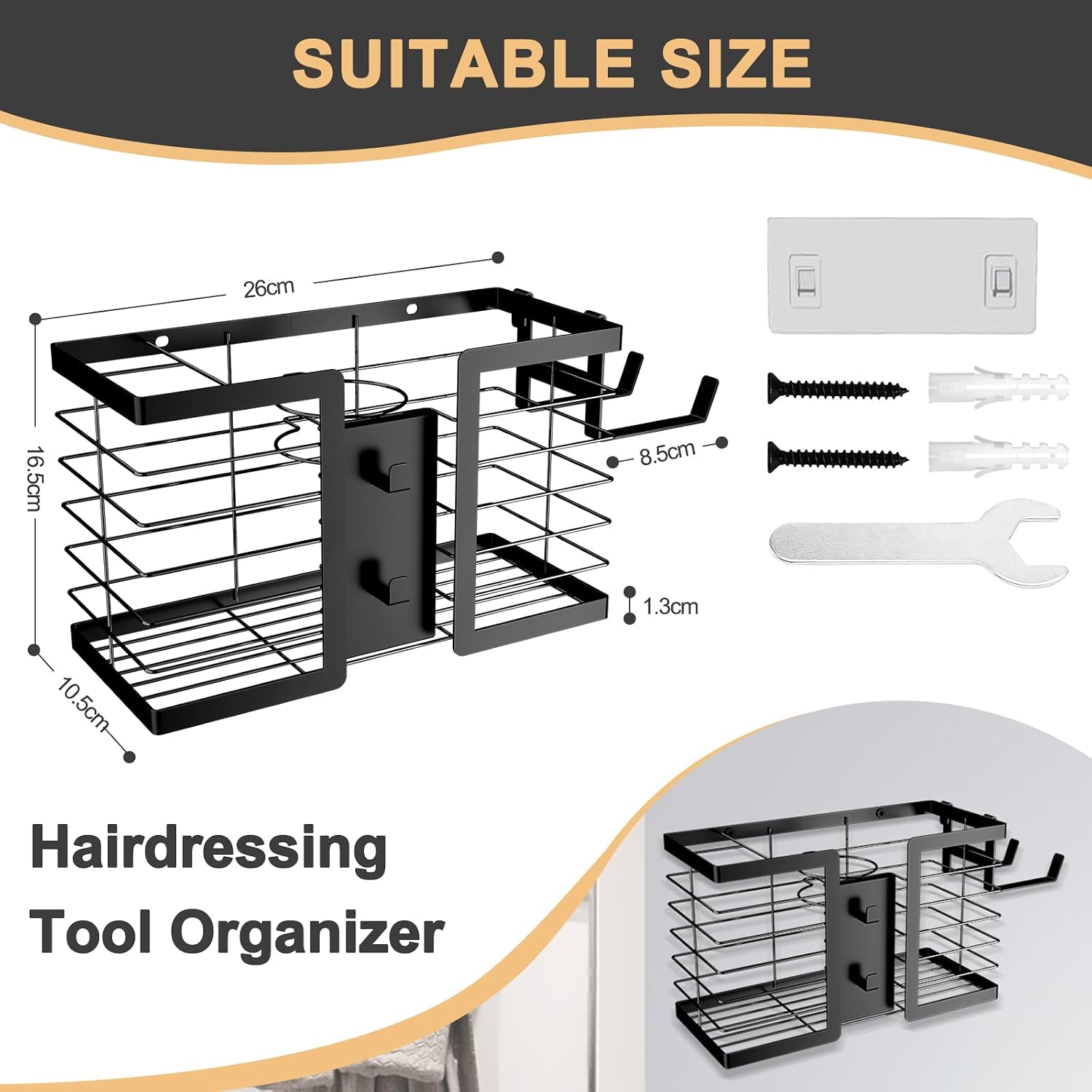 FUNKYLEE Hair Tool Organizer Hair Dryer Holder, 3 in 1 Metal Bathroom Blow Dryer Organizer Wall Mount for Flat Iron