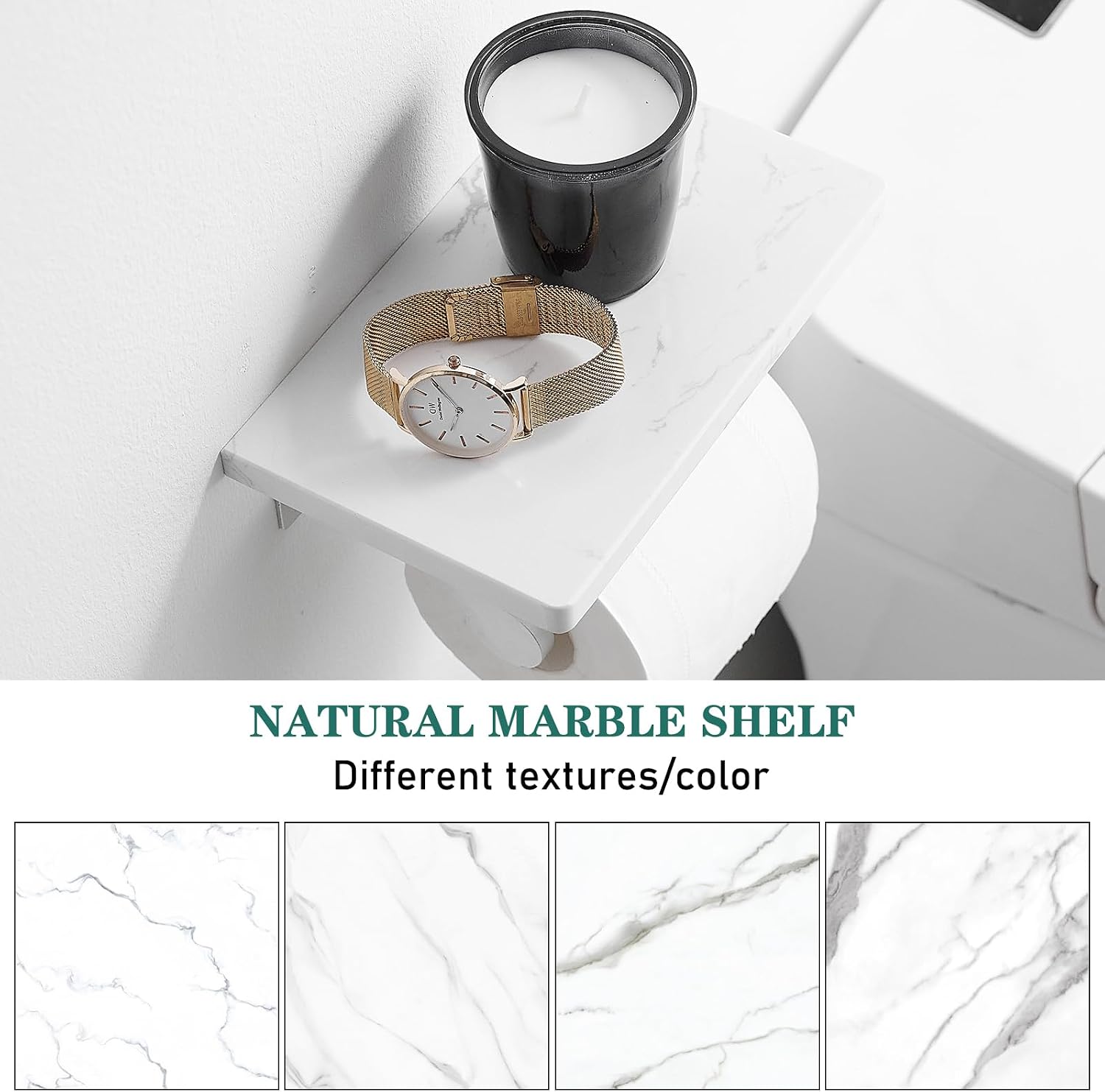 Hoimpro Toilet Paper Holder with Marble Shelf, Wall Mount Brushed Silver | White Natural Marble Phone Shelf Commercial