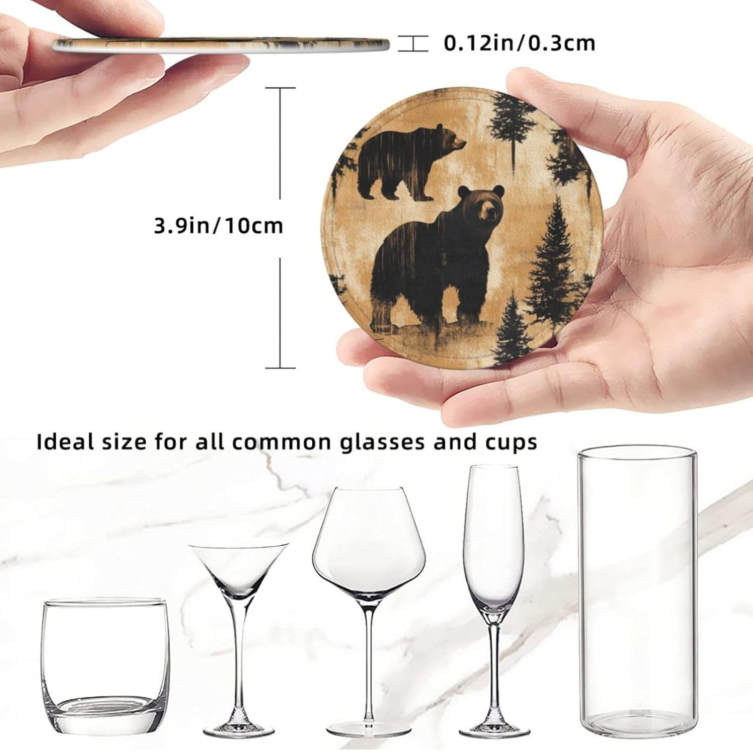 Holder Coaster Sets Drink Table Cup Coasters / Black Bear Trees / Set of 6