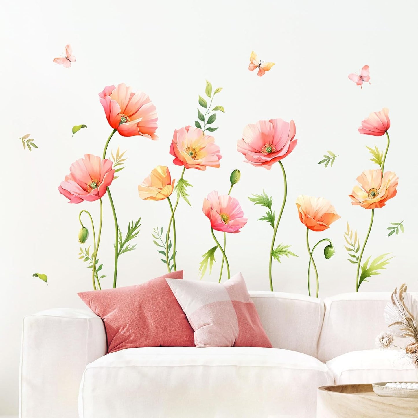 Large Floral Wall Decals Butterfly Wall Stickers Peel and Stick Autumn Floral / Poppy Flower / Pink