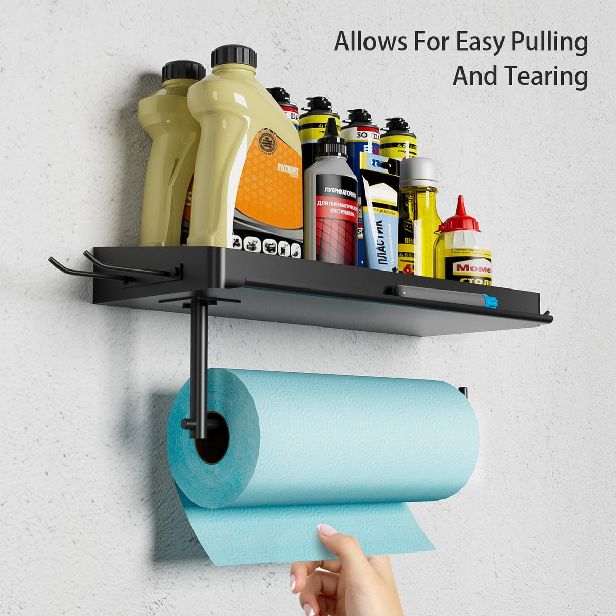 SUNTECH Garage Paper Towel Holder with 2 Shelves, Wall-Mount (Black) | One-Hand Tear Design, Comes with 2 hooks