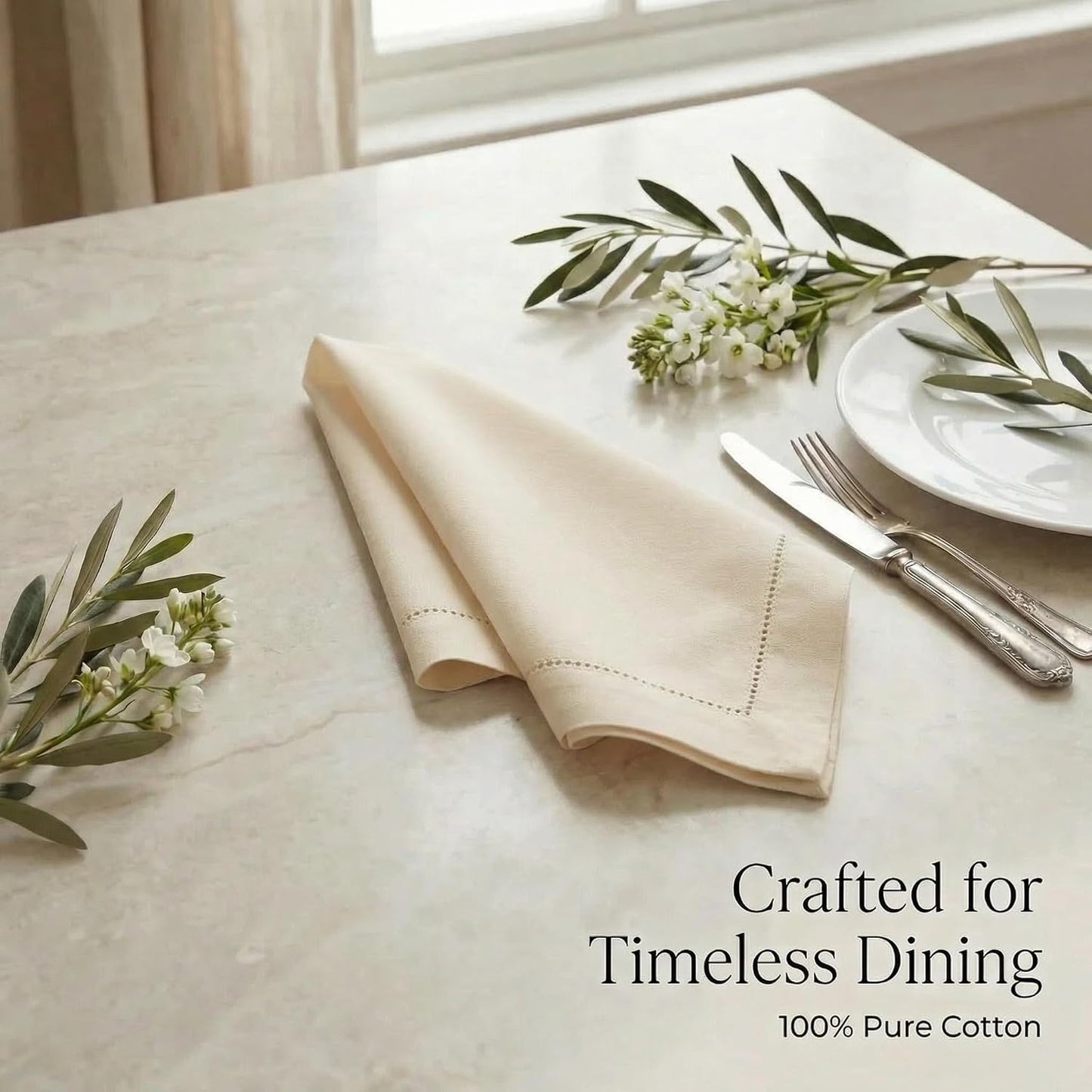 Urban Villa Cloth Napkins Ivory Hemstitch Dinner Napkins Set of 12 (20X20) 100% Cotton Absorbent Washable Durable