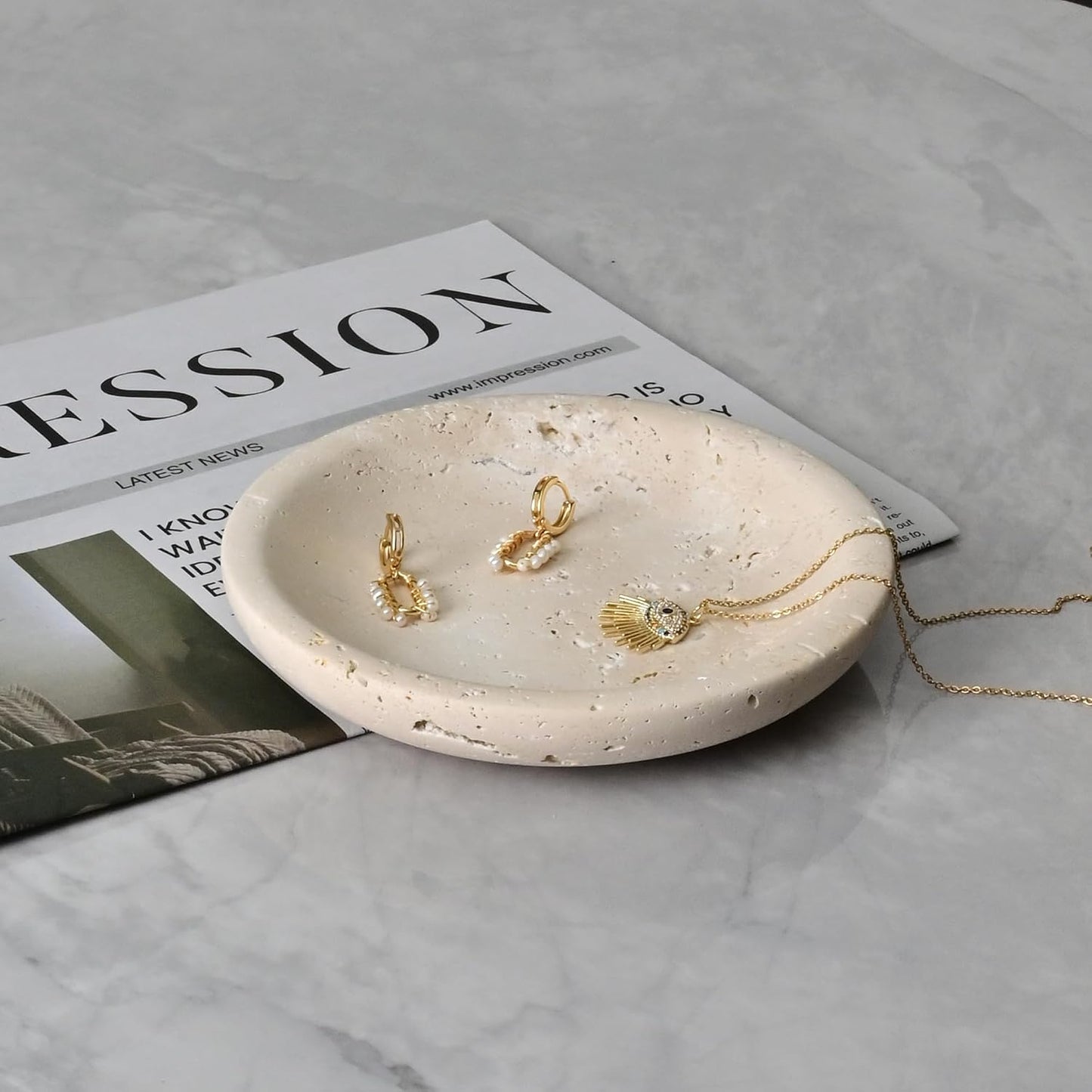 Natural Ring Dish Jewelry Tray / Beige Travertine