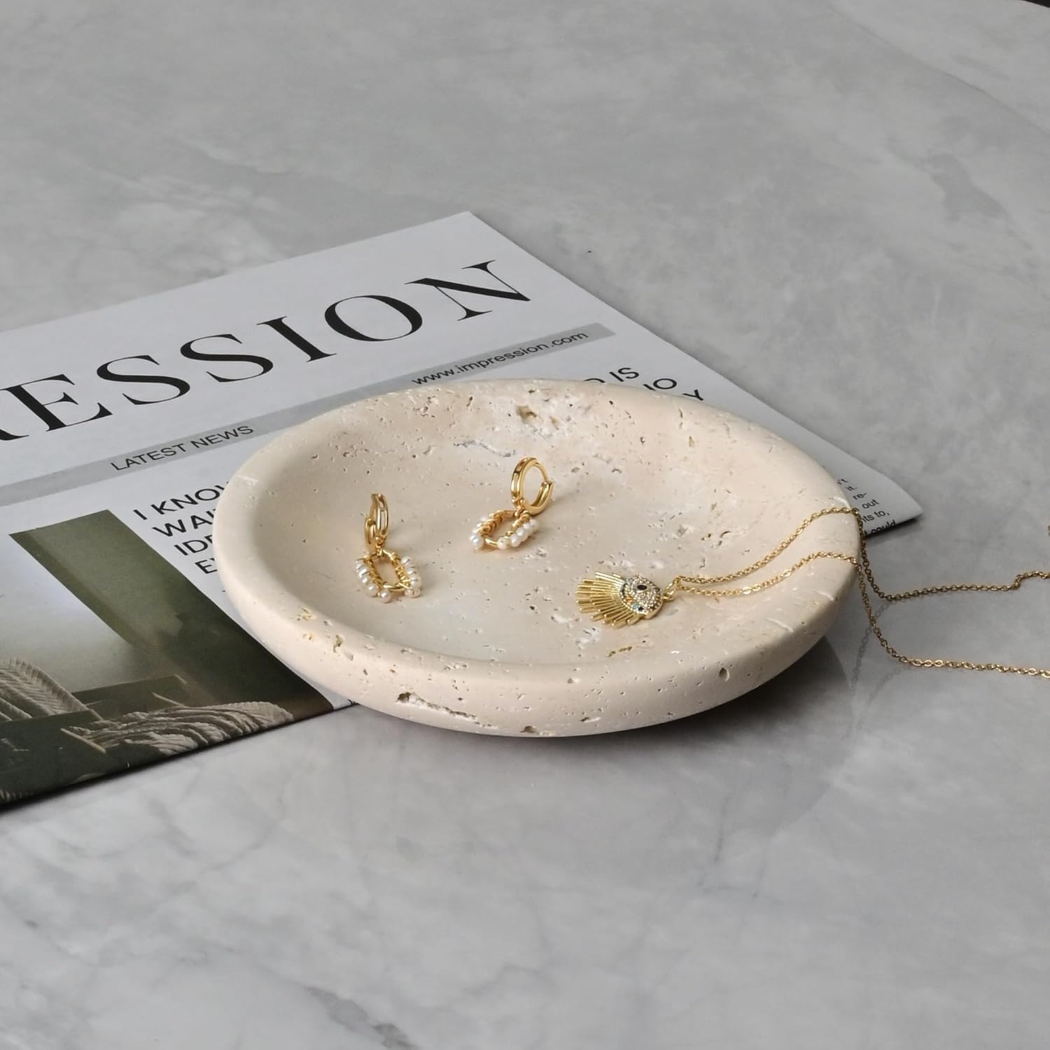 Natural Ring Dish Jewelry Tray / Beige Travertine