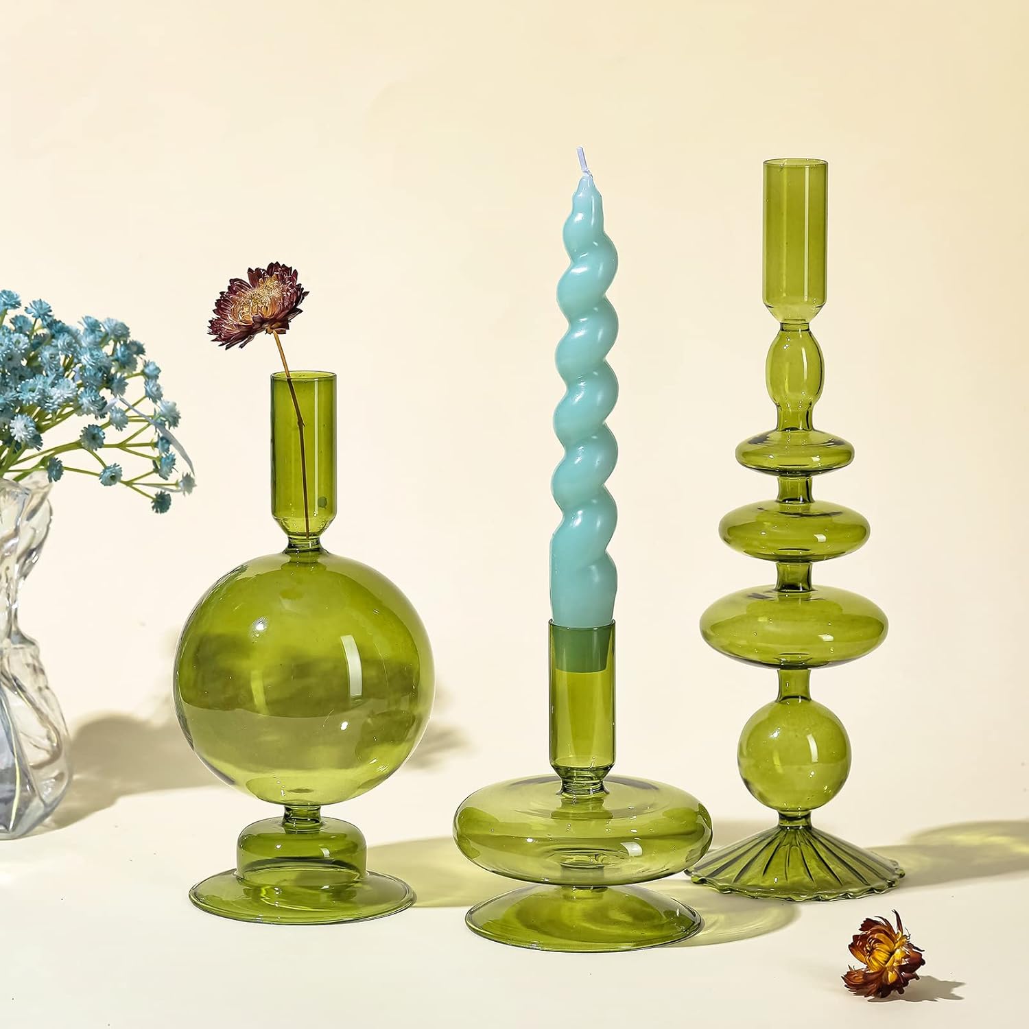 Rtteri 3 Pcs Iridescent Glass Candlestick Holders Taper Candle, Green | Taper Candles Holder, Wavy Glass Holder Stable