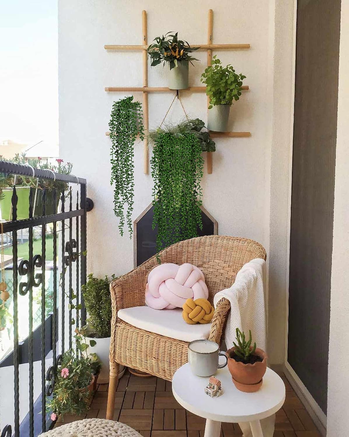 Artificial Hanging Succulents Fake String of Pearls Plant Faux Greenery Wall / Green / Set of 6