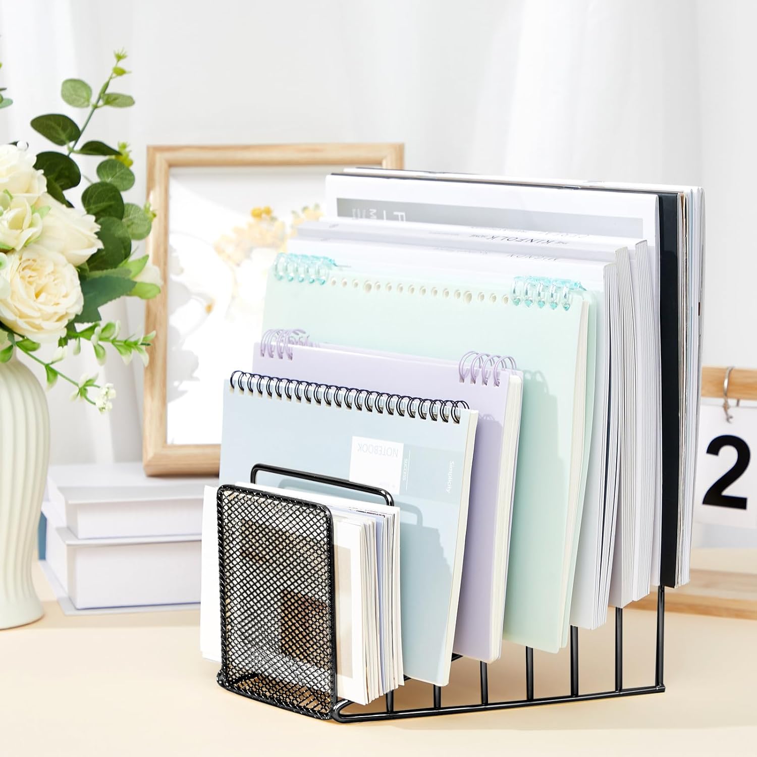 4 Pcs 7 Section Wire File Organizer for Desk, Metal Mesh Incline File Holder, Letter & Magazine Folder Rack, Desktop