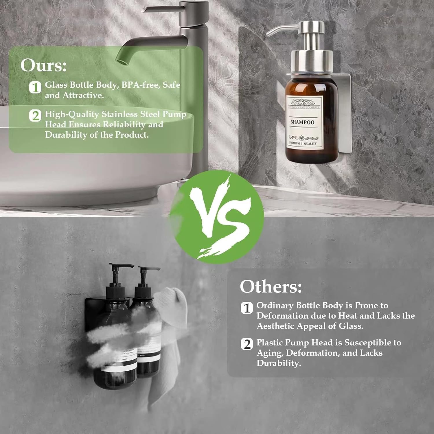 Wall Mount Soap & Shampoo Dispenser, 8.5oz Silver Pump Bottle | silver & brown design with leakproof pump and
