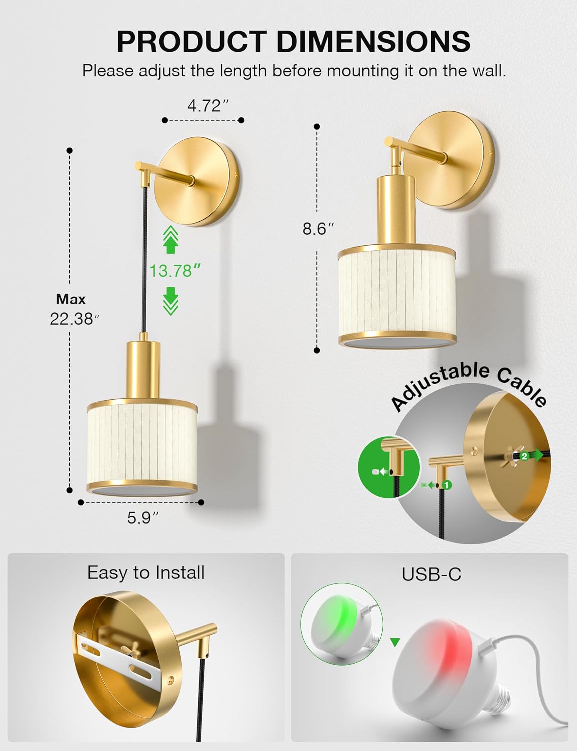 Battery Operated Wall Sconce Set of 2, Gold & Off-White Wireless Rechargeable Wall Lights with 5200mAh Dimmable
