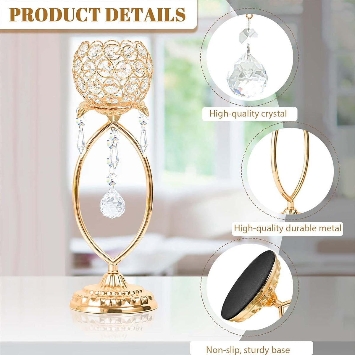 6 Pcs Gold Elegant Metal Crystal Tea Light Candle Holders with Crystal Pendants, Hollow Design - Wedding Table