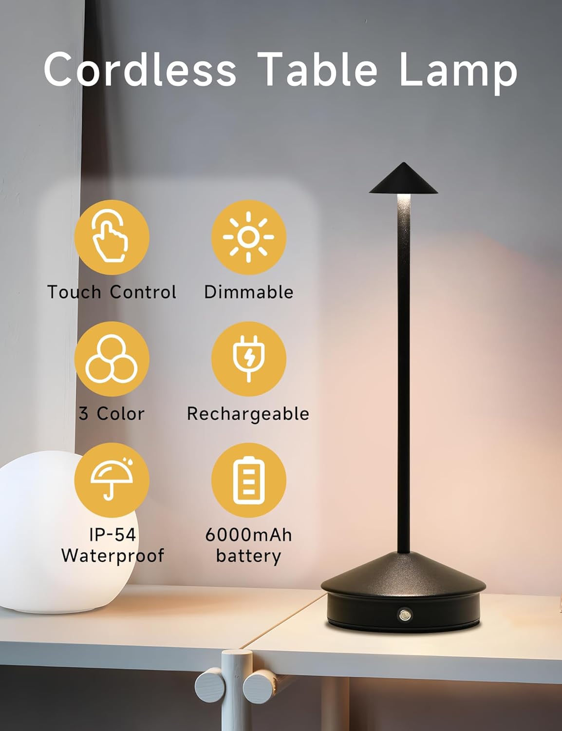 LED Rechargeable Cordless Table Lamps Black | 2 Pcs Portable Modern USB Battery Operated Lights,Waterproof Touch