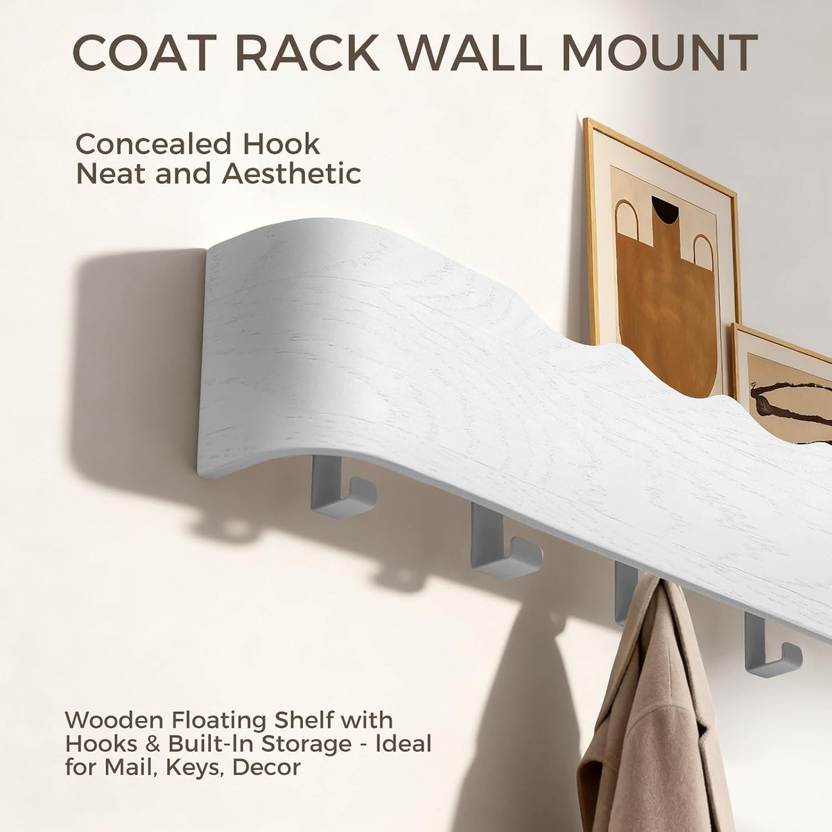 Coat Rack Wall Mount with Shelf Entryway Shelf Modern Key Holder Hanger Wall Shelves with Hidden Hooks for Hanging