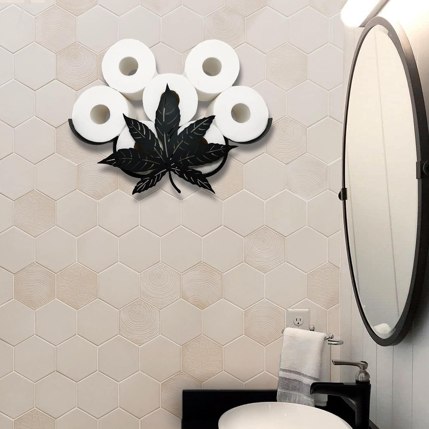 Metal Leaves Wall Toilet Paper Storage - Black Tissue Holder, Cute Wall Organizer for 8 Rolls