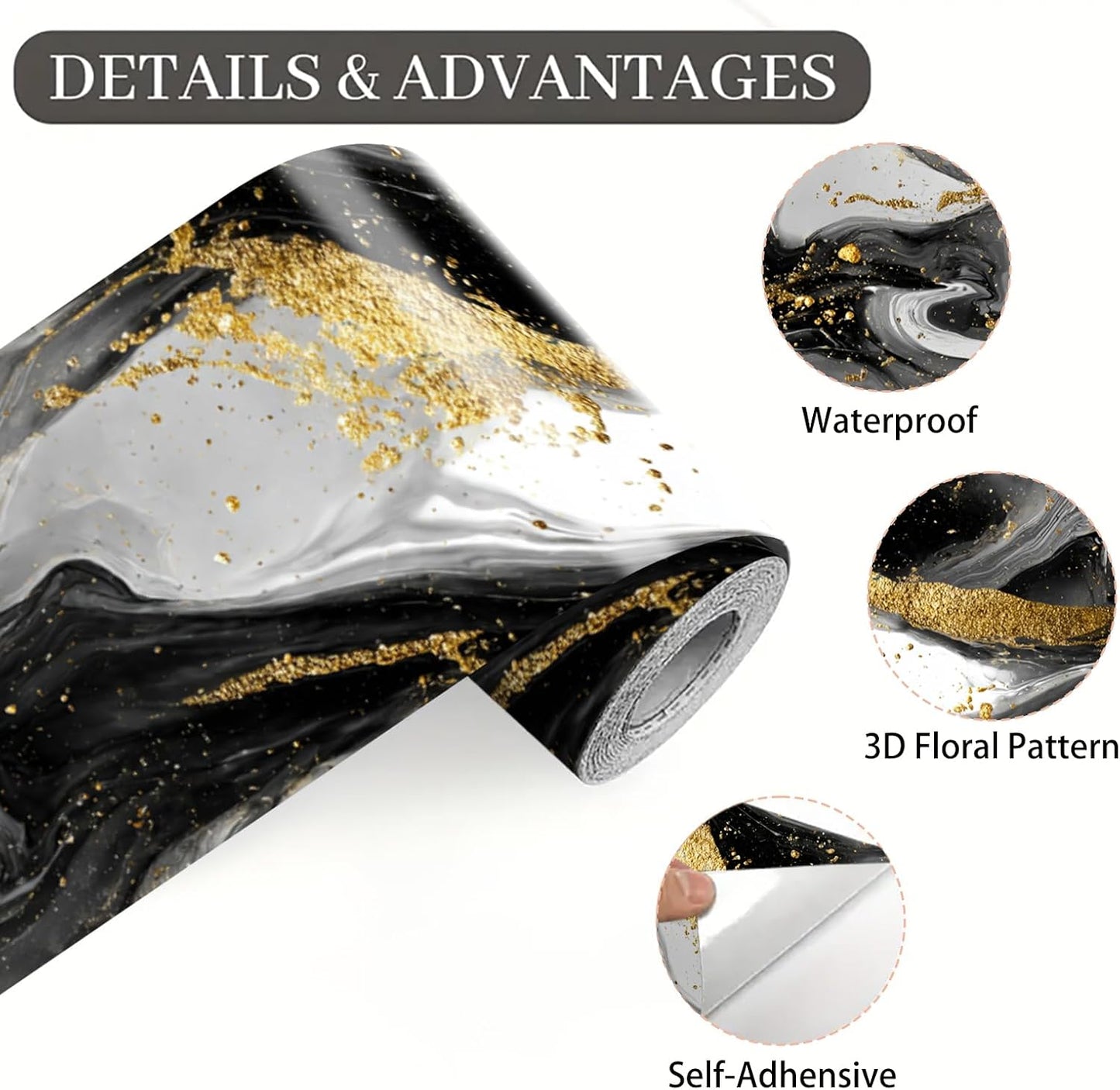 Wallpaper Border Peel and Stick Wall Border White Gold Pattern / Marble Wave / Black / 196 x 4