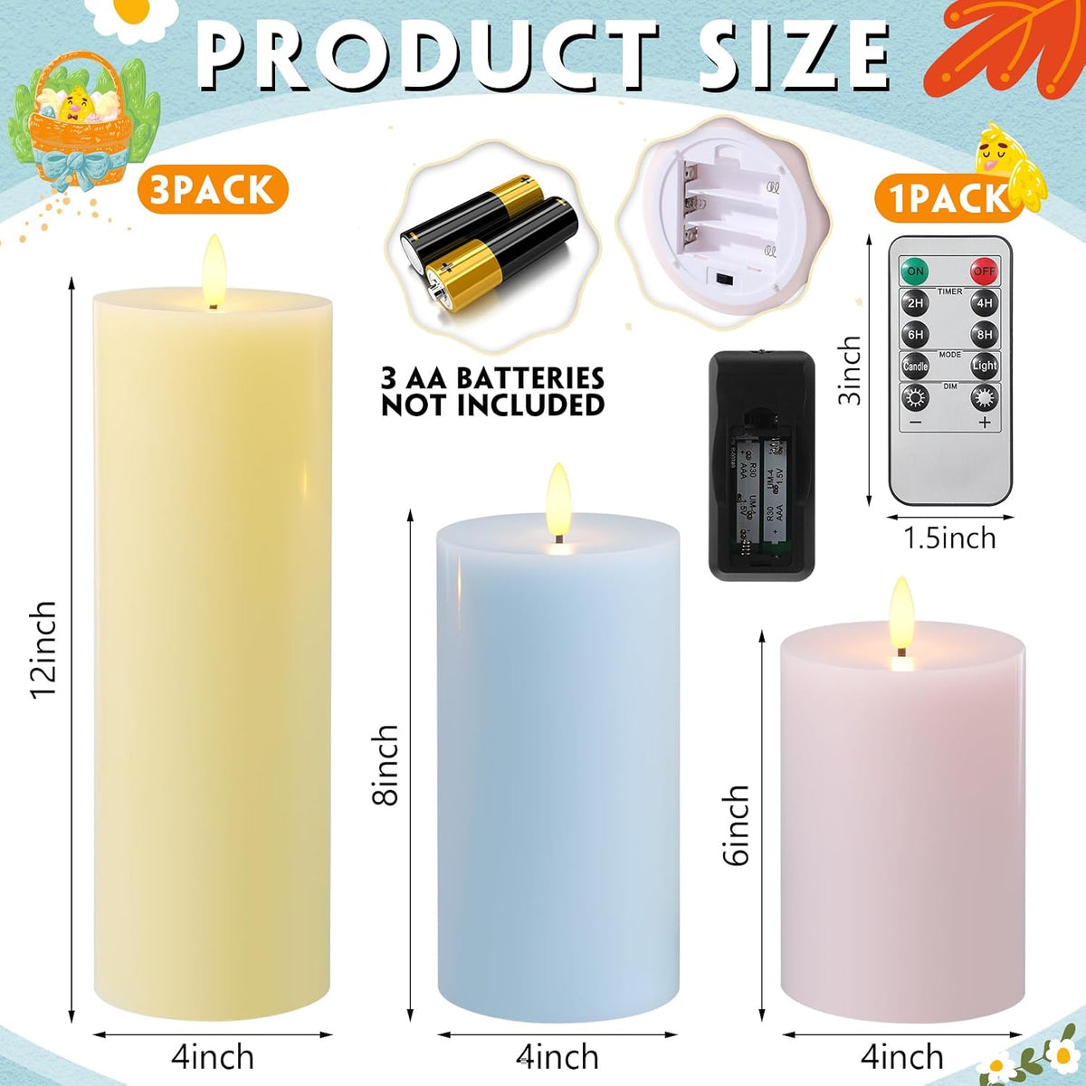 3 Pcs Easter 6/8/12 Inches Large Flameless LED Candles with Remote and 2/4/8 H Timer Yellow Pink and Blue Battery