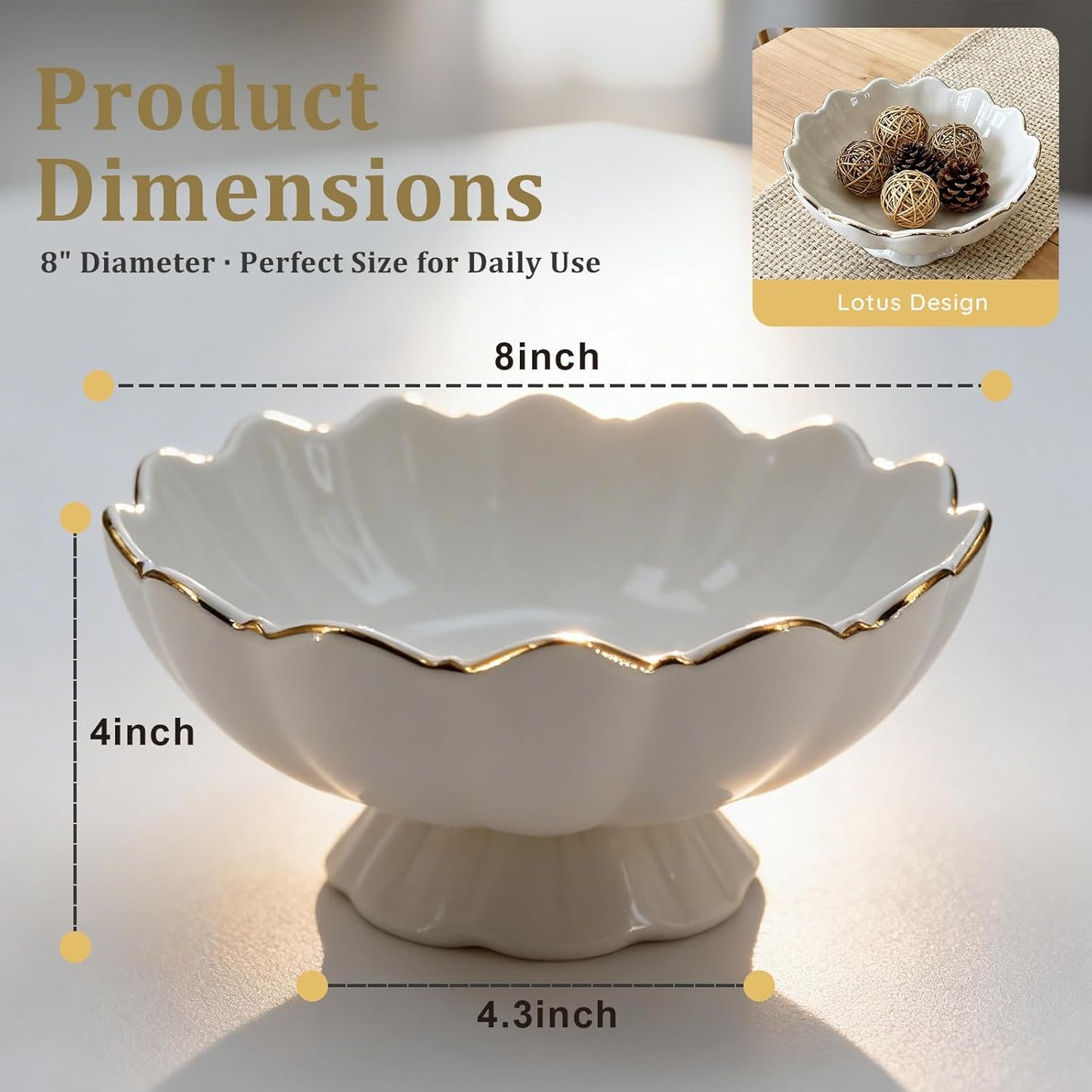Small Decorative Bowl Ceramic Key & Fruit Bowl Ruffle Lotus Shape / 8 Inch / White