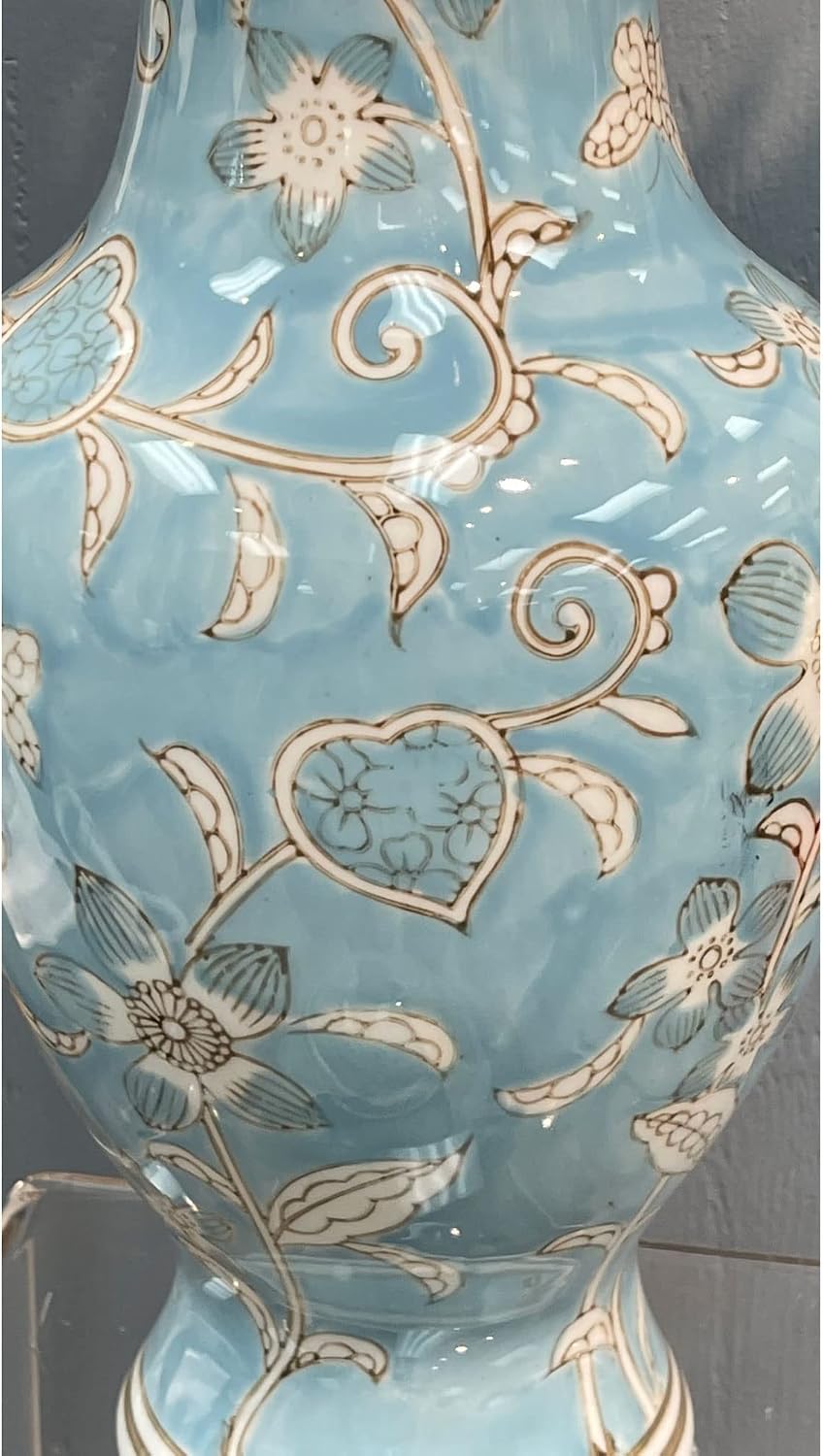 Light Blue and White Flower & Heart Chinoiserie Ceramic Vase 14"- Hand / Light Blue & White Flower