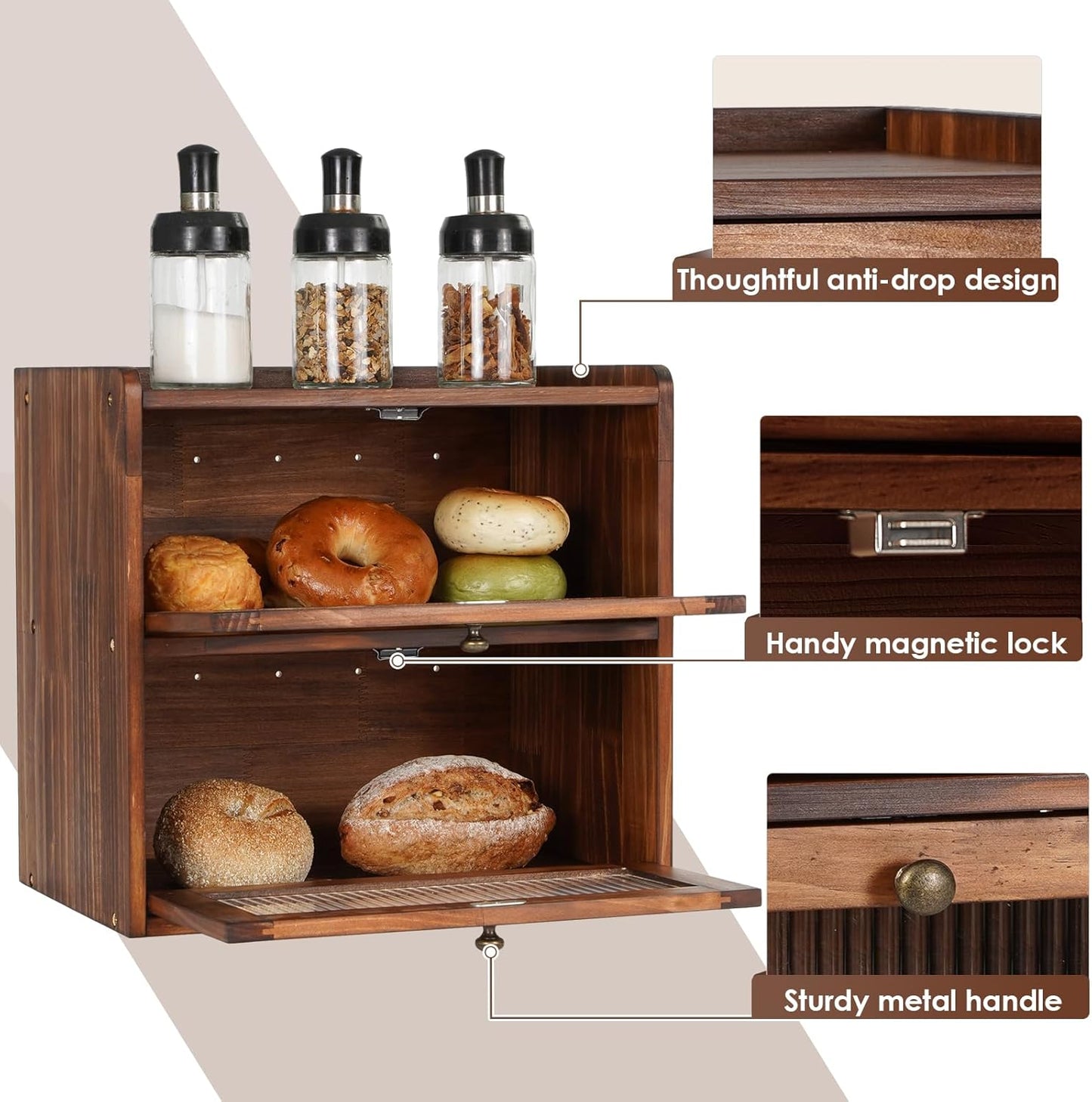 Sunhoo Bread Box for Kitchen Countertop Wooden Bread Storage Container Bin 2 Layer Breadbox Holder Large Capacity